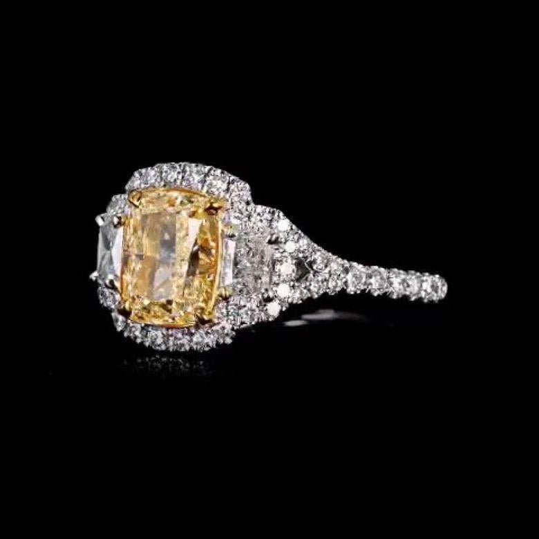 Cushion Cut EGL Certified 2.18 Carat Fancy Intense Yellow VS1 Cushion Halo Diamond Ring For Sale