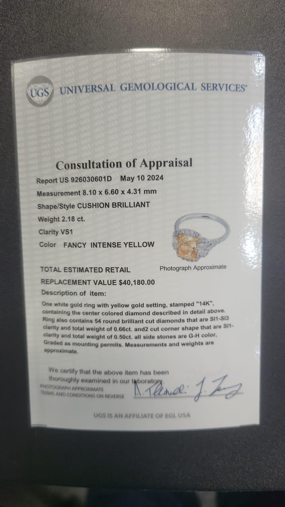 EGL Certified 2.18 Carat Fancy Intense Yellow VS1 Cushion Halo Diamond Ring For Sale 2