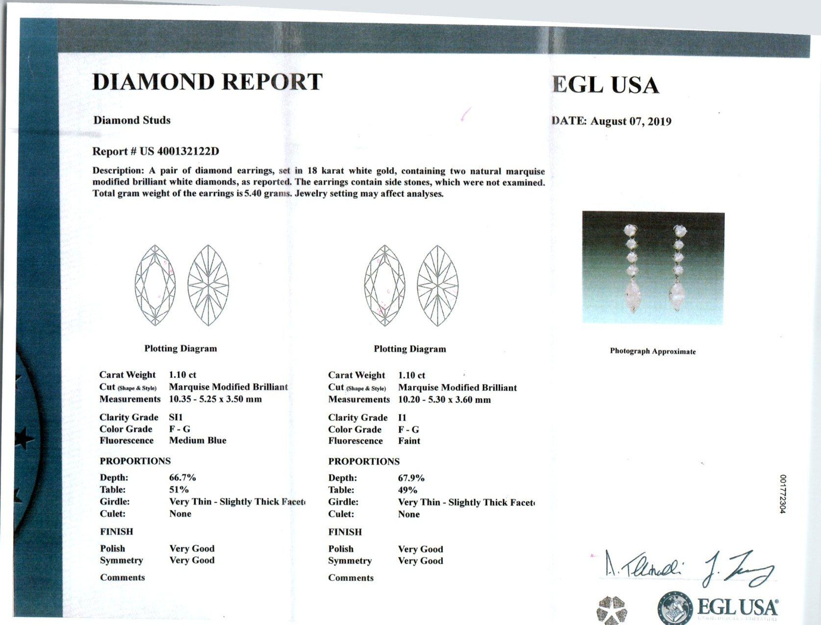 Women's EGL Certified 2.20 Carat Diamond White Gold Dangle Drop Earrings For Sale