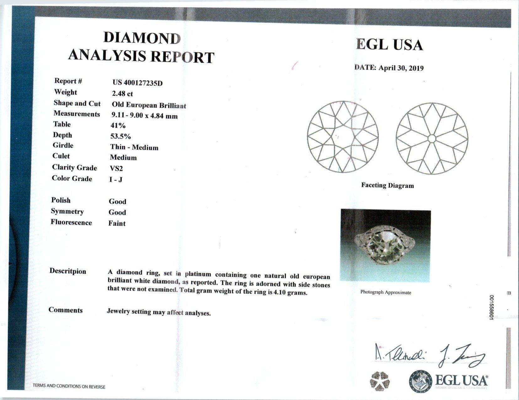 EGL Certified 2.48 Carat Diamond Platinum Engagement Ring For Sale 1