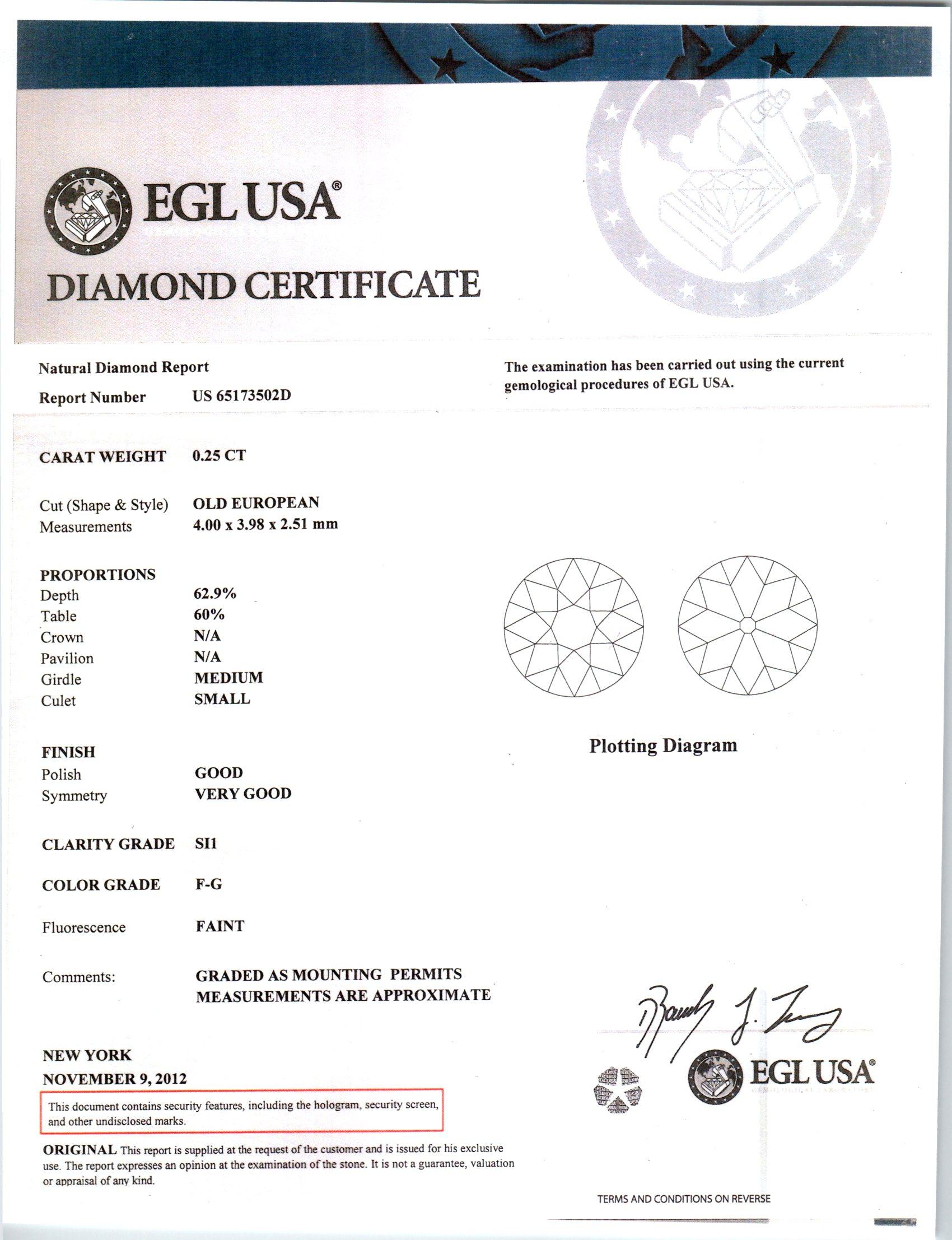 Old European Cut EGL Certified .25 Carat Old European Diamond Art Deco Gold Engagement Ring