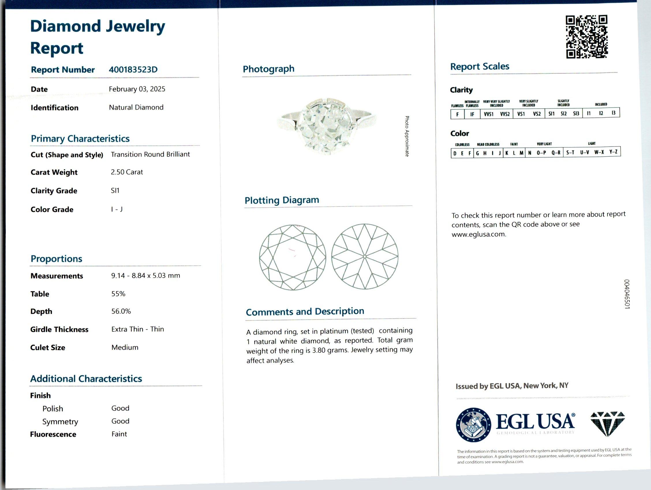 EGL Certified 2.50 Carat Round Diamond Platinum Art Deco Engagement Ring In Good Condition For Sale In Stamford, CT