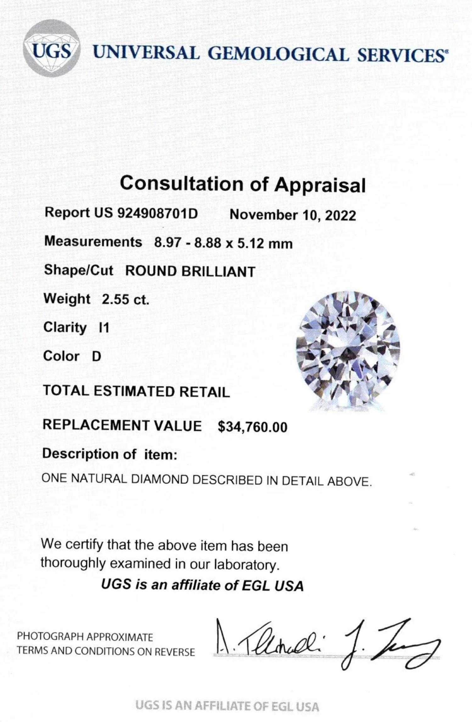 Women's EGL Certified 2.55 Carat Vintage Style 14K White Gold Diamond Ring For Sale