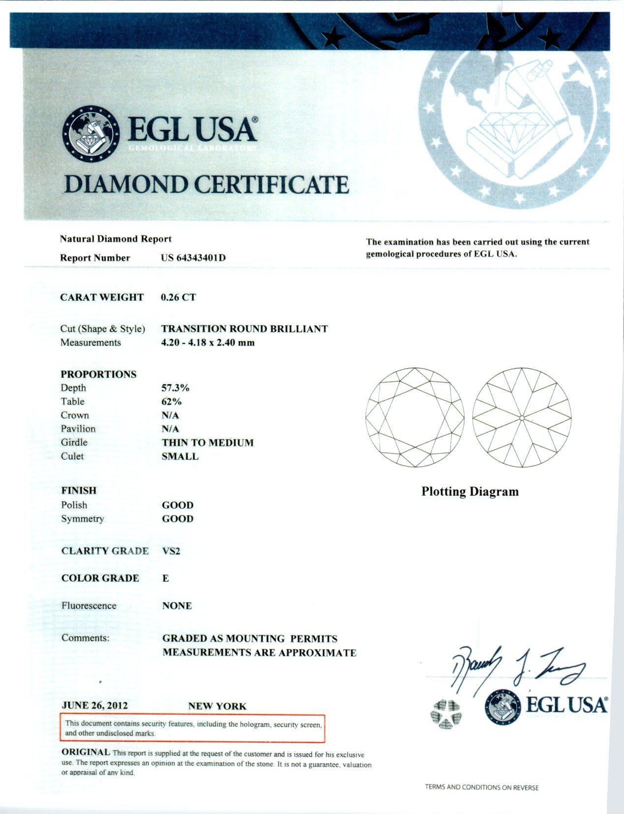 Bague de fiançailles en platine certifiée EGL avec un diamant de 0,26 carat à taille transitoire en vente 2