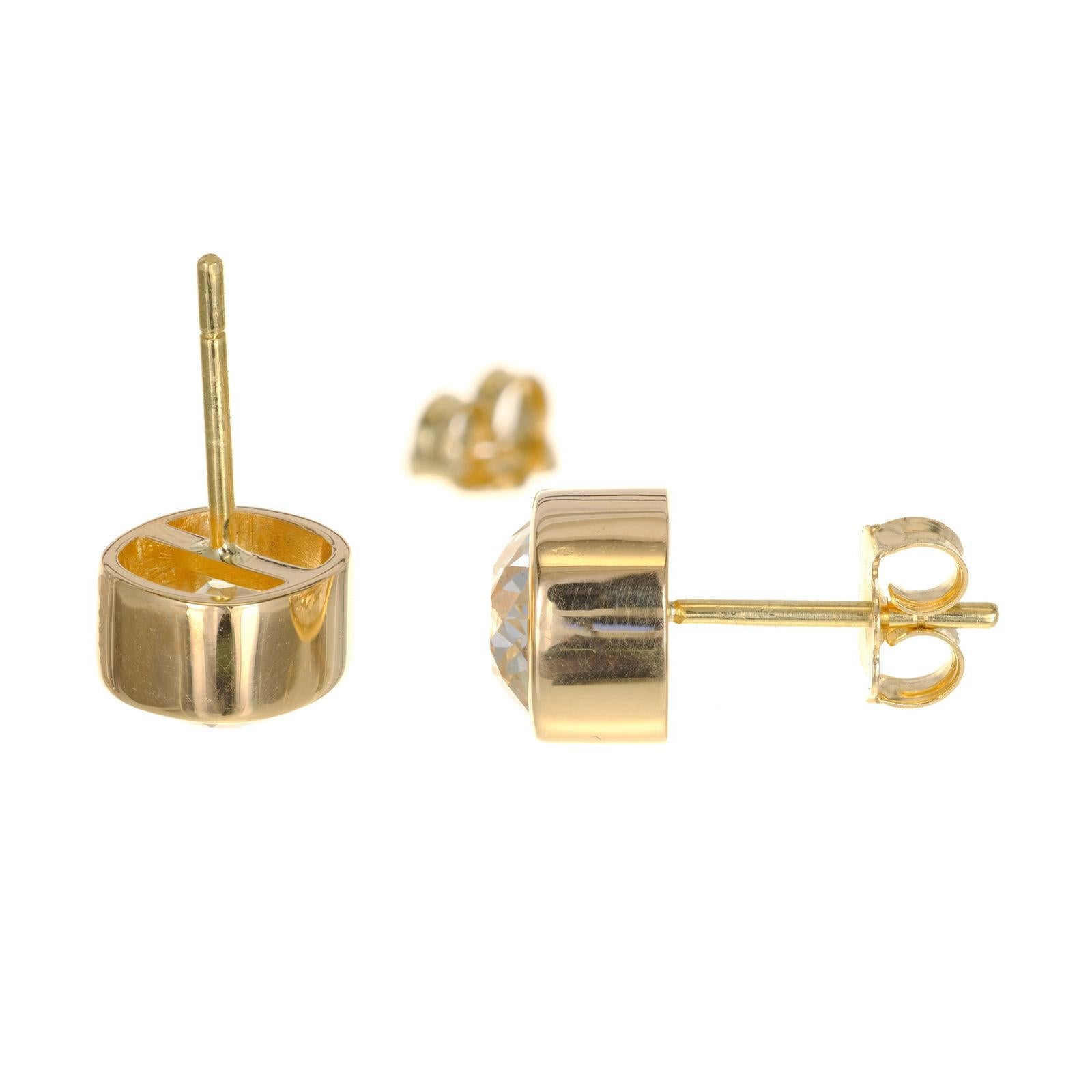 Old Mine Cut EGL Certified 2.61 Carat Old Mine Diamond Yellow Gold Bezel Set Stud Earrings For Sale
