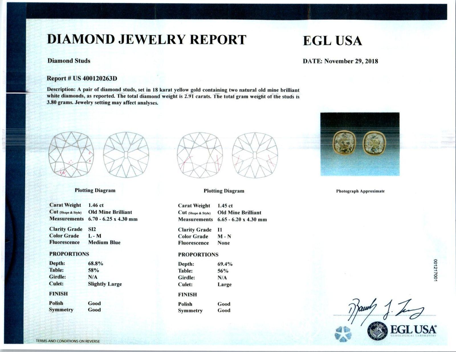 EGL Certified 2.61 Carat Old Mine Diamond Yellow Gold Bezel Set Stud Earrings In Excellent Condition For Sale In Stamford, CT