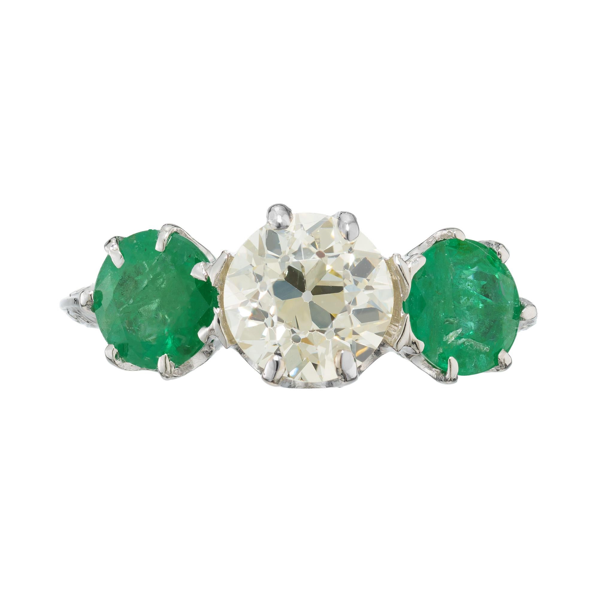 Old European Cut EGL Certified 2.69 Carat Diamond Emerald Art Deco Platinum Engagement Ring For Sale