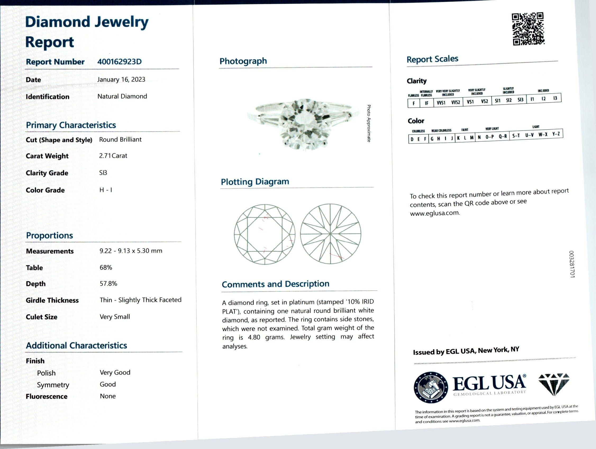 EGL Certified 2.71 Carat Round Diamond Platinum Three-Stone Engagement Ring In Good Condition For Sale In Stamford, CT