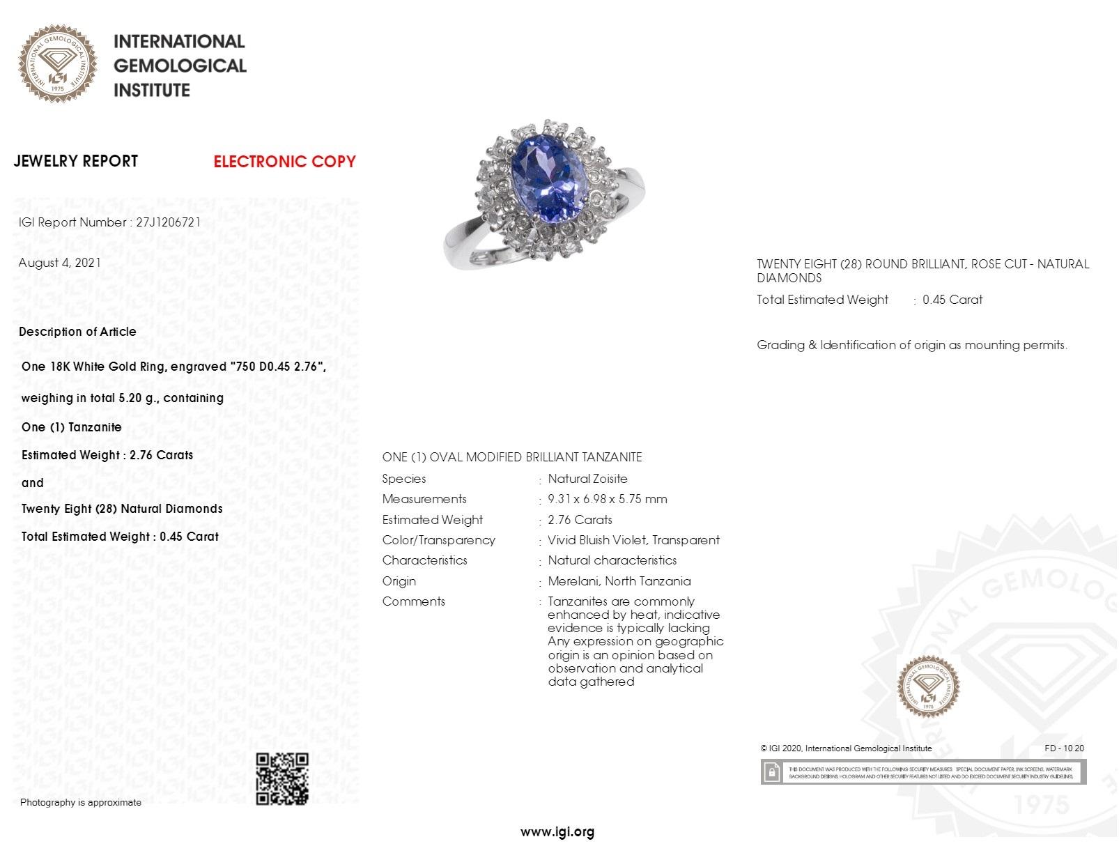 IGI Certified 2.76 Carat Tanzanite & Diamond Ring in 18K White Gold For Sale 2