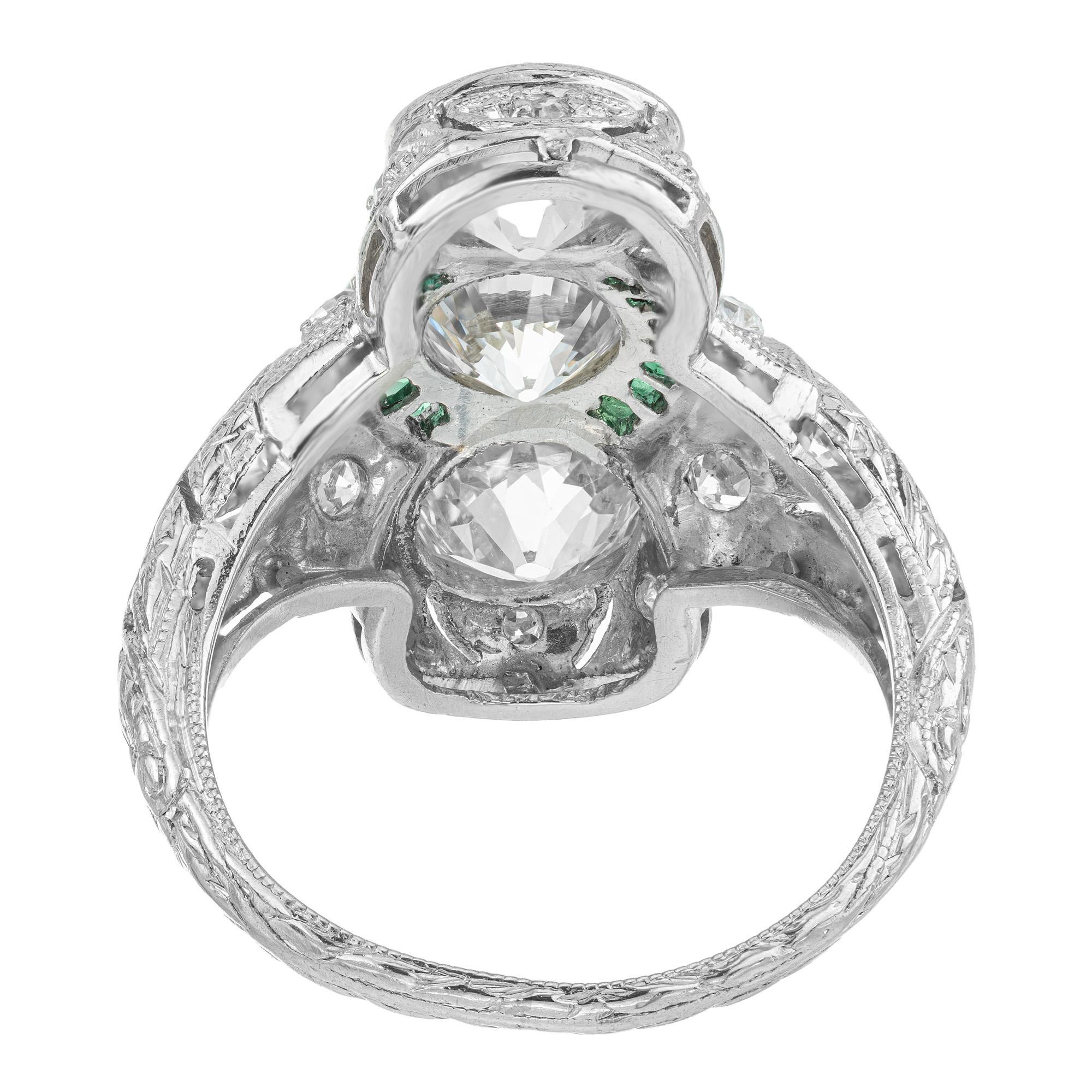 EGL zertifiziert 2,76 Diamant Smaragd Drei-Stein Art Deco Platin Cocktail Ring (Alteuropäischer Schliff) im Angebot