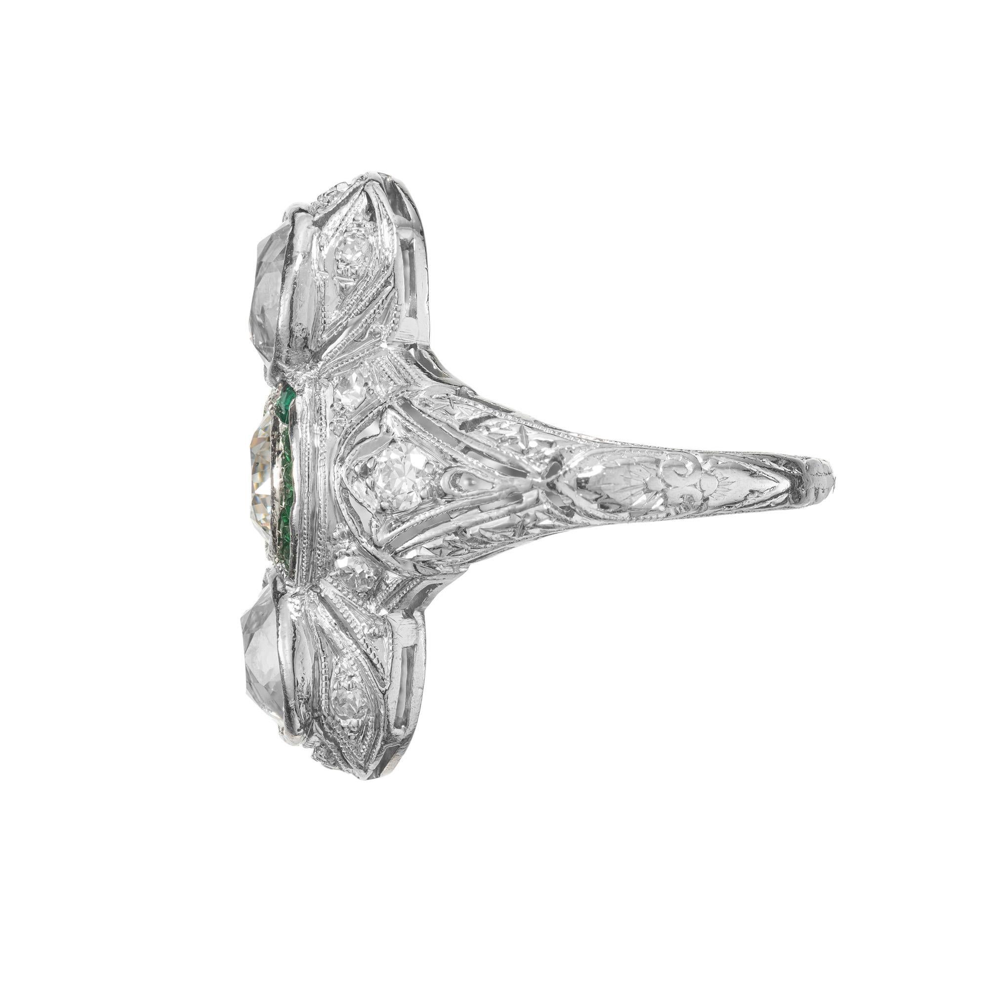 EGL zertifiziert 2,76 Diamant Smaragd Drei-Stein Art Deco Platin Cocktail Ring im Angebot 2