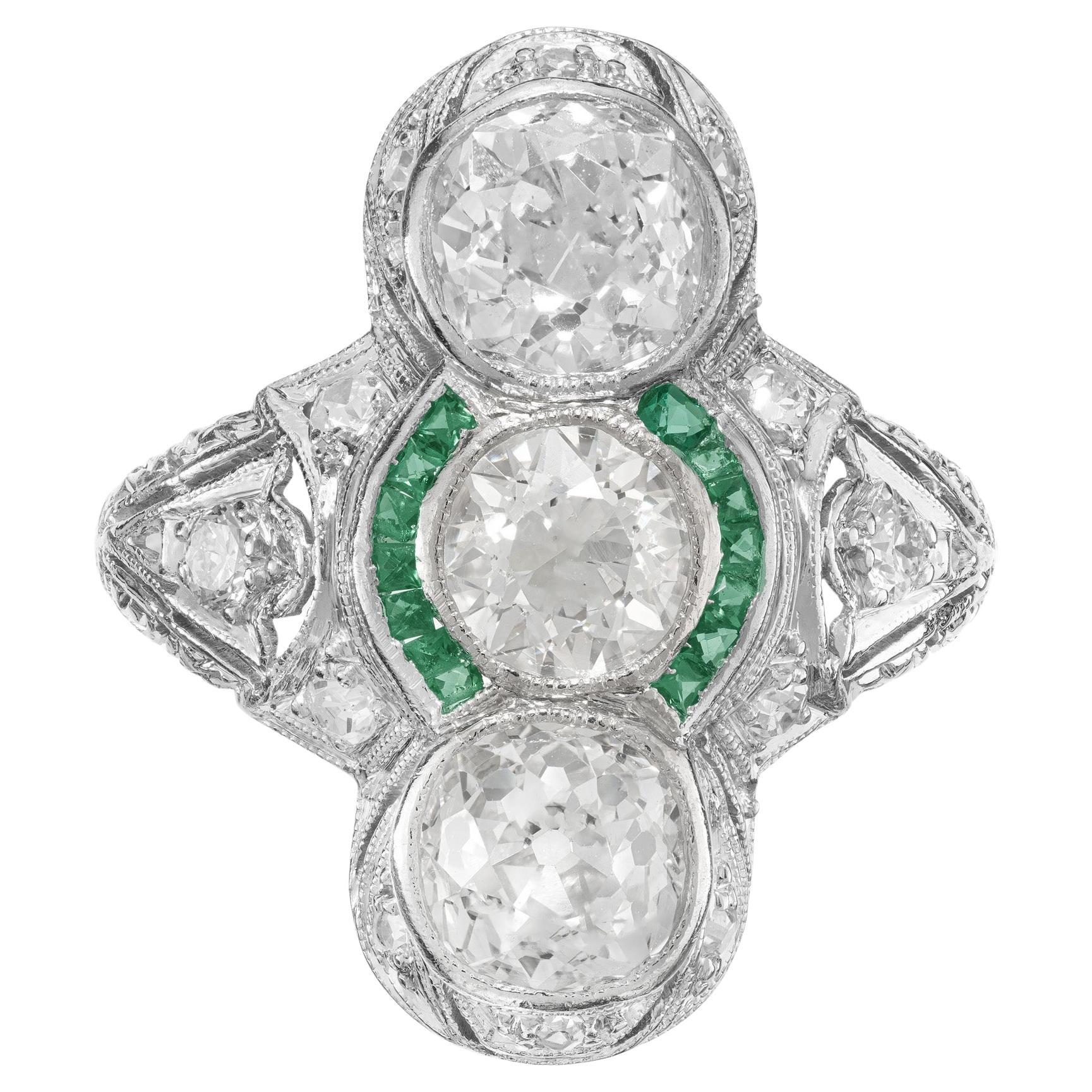 EGL Certified 2.76 Diamond Emerald Three-Stone Art Deco Platinum Cocktail Ring