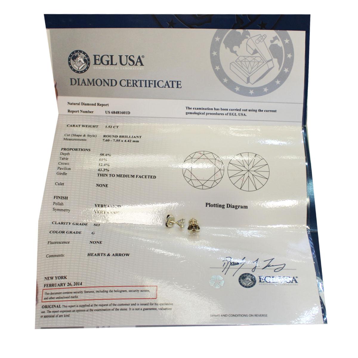 Material: 14k White Gold
Diamond Details: 1st Diamond is 1.45ct 2nd Diamonds is 1.52ct. Diamonds are G in color and SI3 in color. USA EGL Certified #68481601D and #68481604D
Clasps: Post Friction
Total Weight: 2.4g (1.6dwt)
Measurements: 0.63