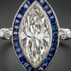 EGL Certified 3 Carat Marquise Diamond Sapphire Art Deco Style Ring