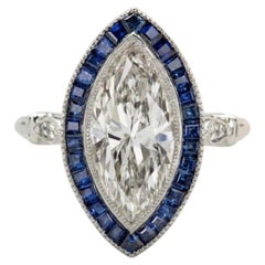 EGL Certified 3 Carat Marquise Diamond Sapphire Art Deco Style Ring