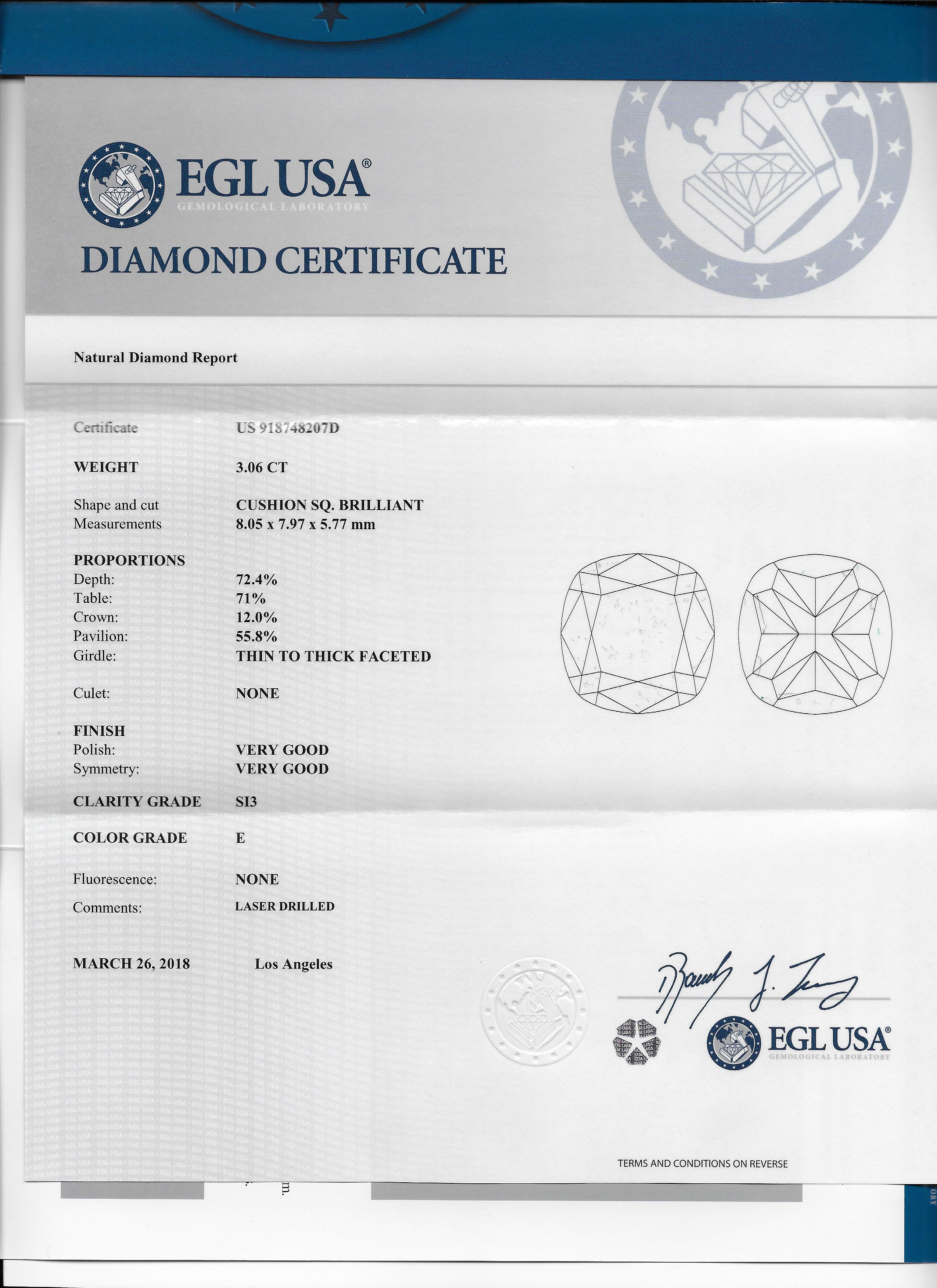 EGL Certified 3.06 Carat Cushion Cut Diamond Color E Clarity Si3 'US 918748207D' 2