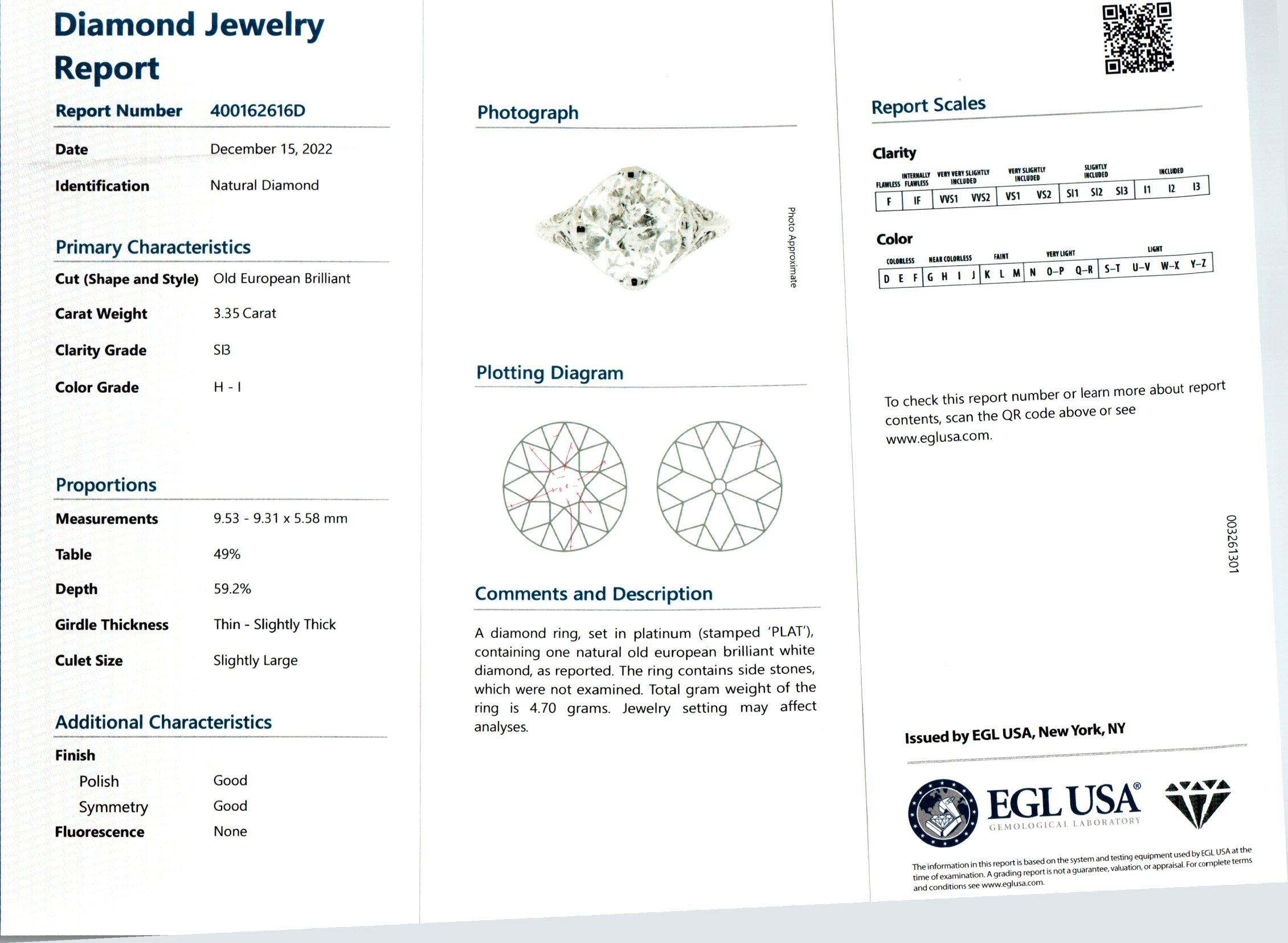 Platin-Verlobungsring, EGL-zertifizierter 3,35 Karat Diamant im alteuropäischen Schliff im Zustand „Gut“ im Angebot in Stamford, CT