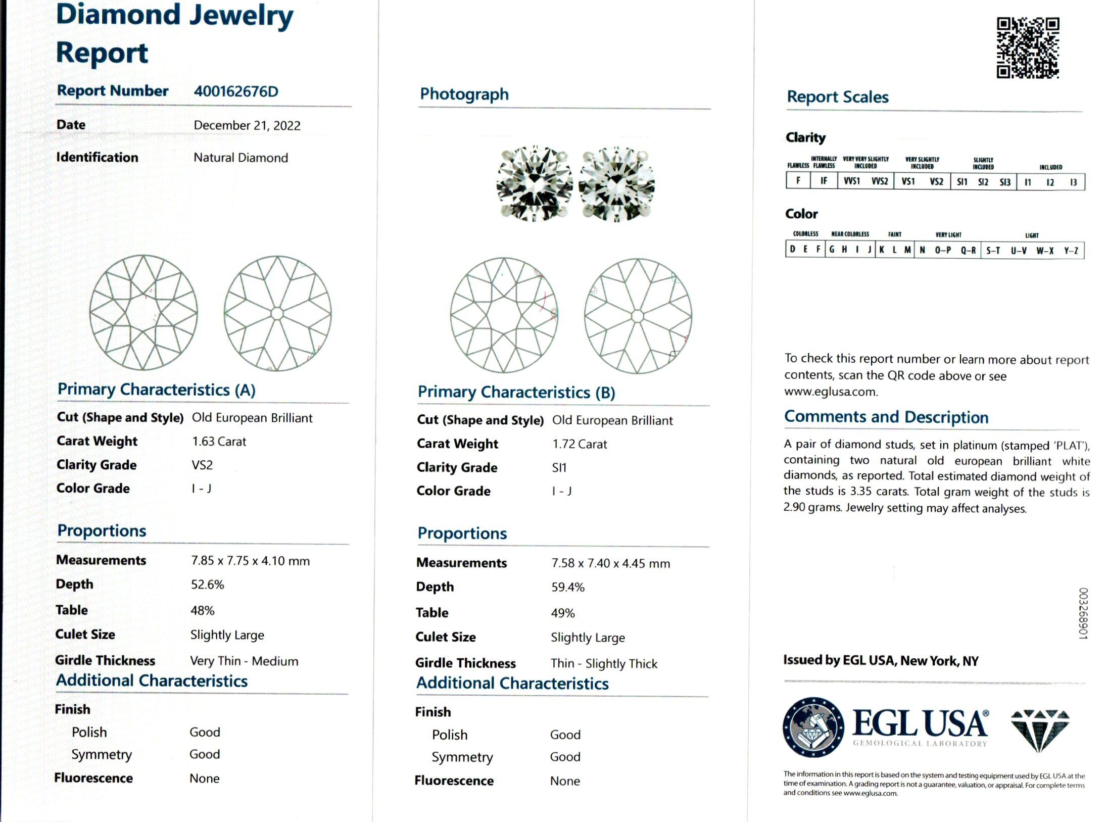 EGL Certified 3.35 Carat Old European Diamond Platinum Stud Earrings  In New Condition For Sale In Stamford, CT