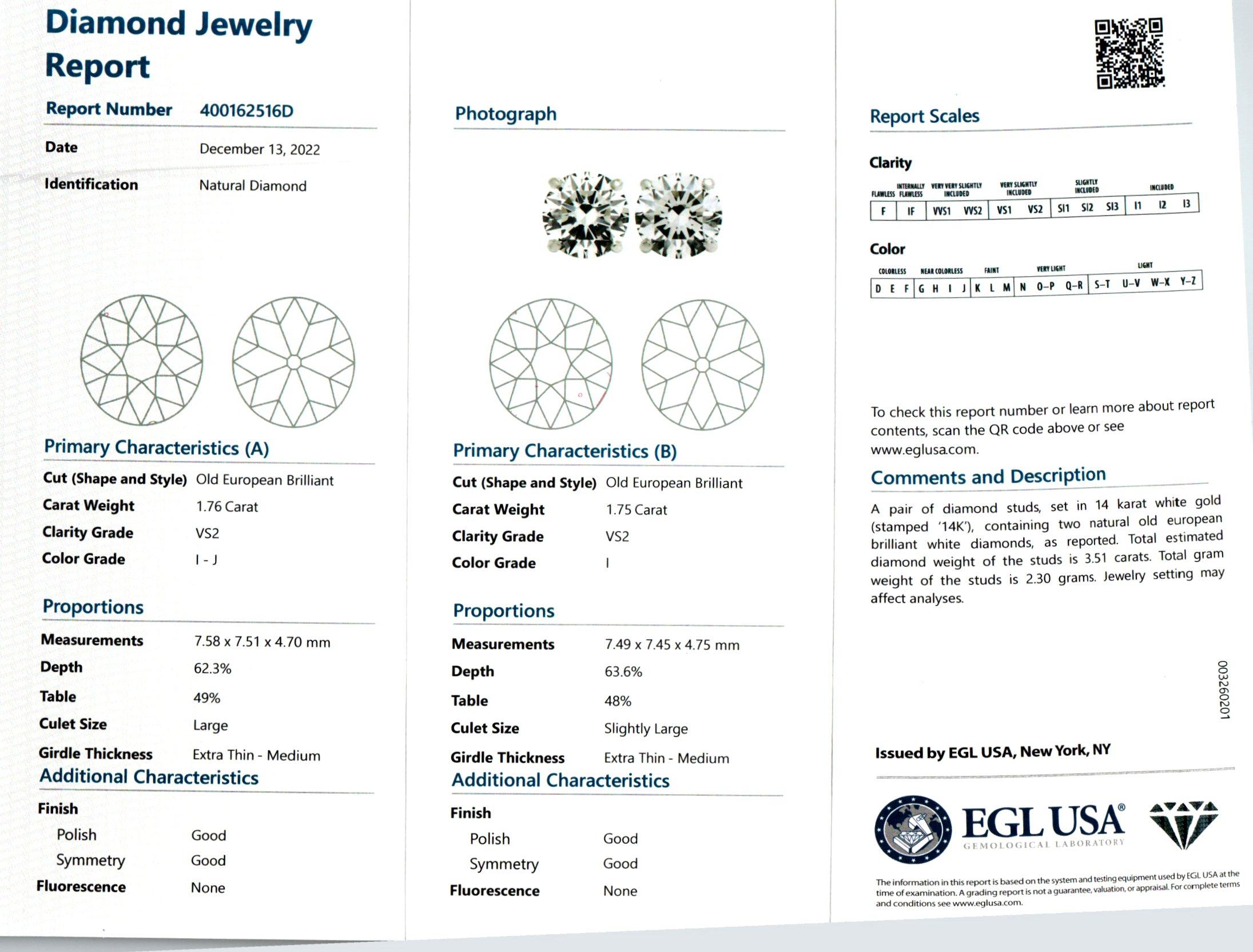 EGL-zertifizierte 3,51 Karat alteuropäische Diamant-Ohrstecker aus Weißgold im Zustand „Gut“ im Angebot in Stamford, CT