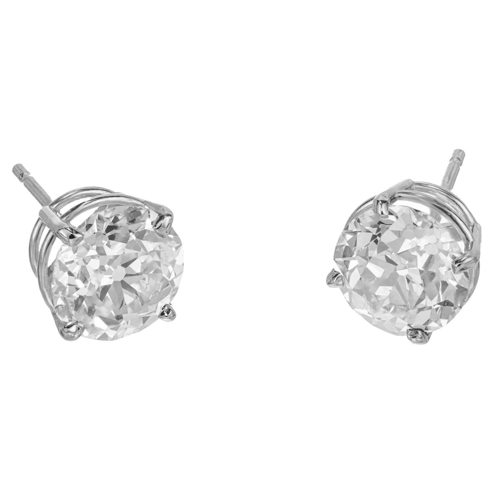 EGL Certified 3.51 Carat Old European Diamond White Gold Stud Earrings For Sale