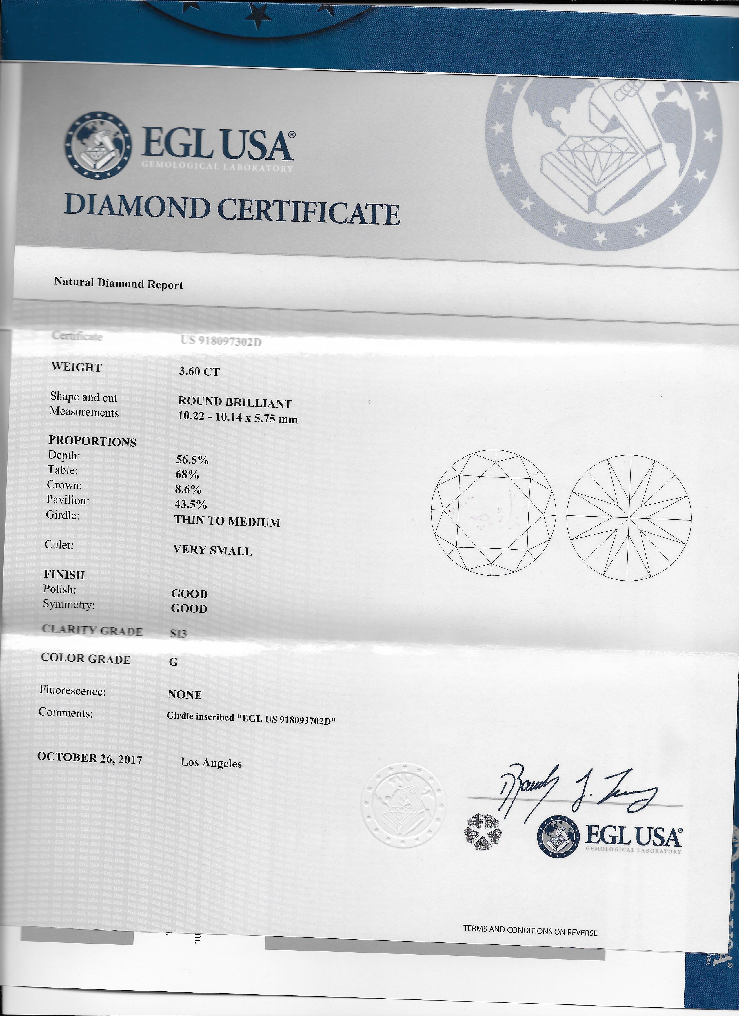 Round Cut EGL Certified 3.60 Carat Round Diamond in a Halo Setting