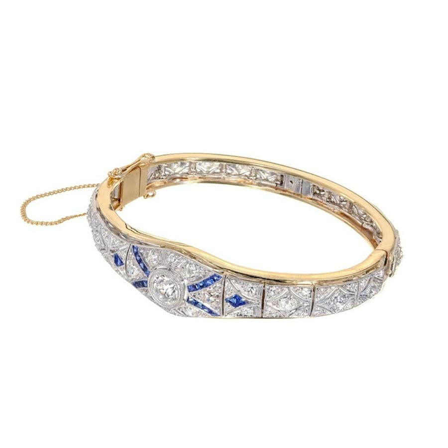 Taille vieille Europe Bracelet jonc en or jaune et platine avec diamants et saphirs de 3,65 carats certifiés EGL en vente