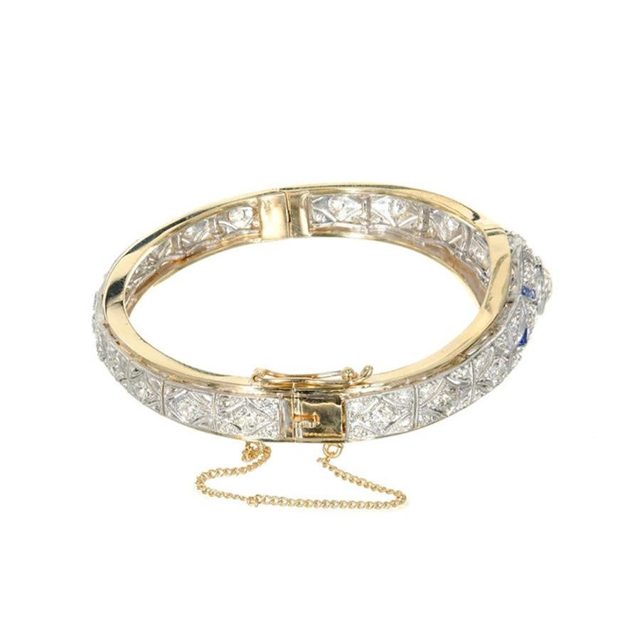EGL Certified 3.65 Carat Diamond Sapphire Yellow Gold Platinum Bangle Bracelet In Good Condition For Sale In Stamford, CT