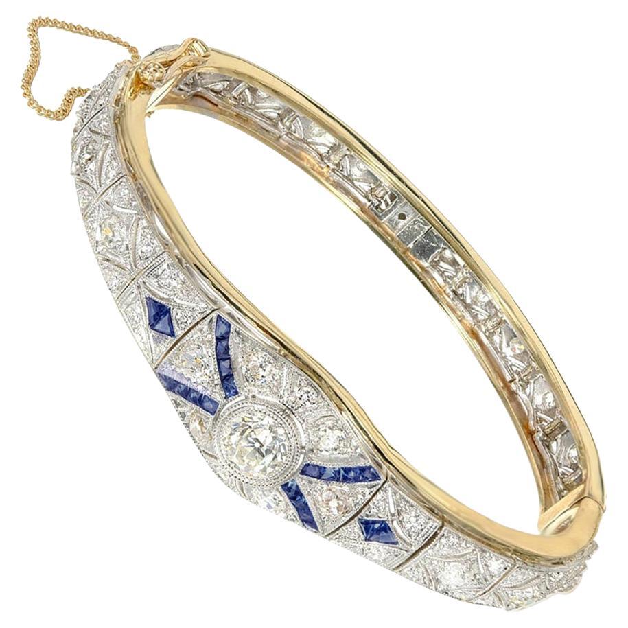 EGL Certified 3.65 Carat Diamond Sapphire Yellow Gold Platinum Bangle Bracelet For Sale