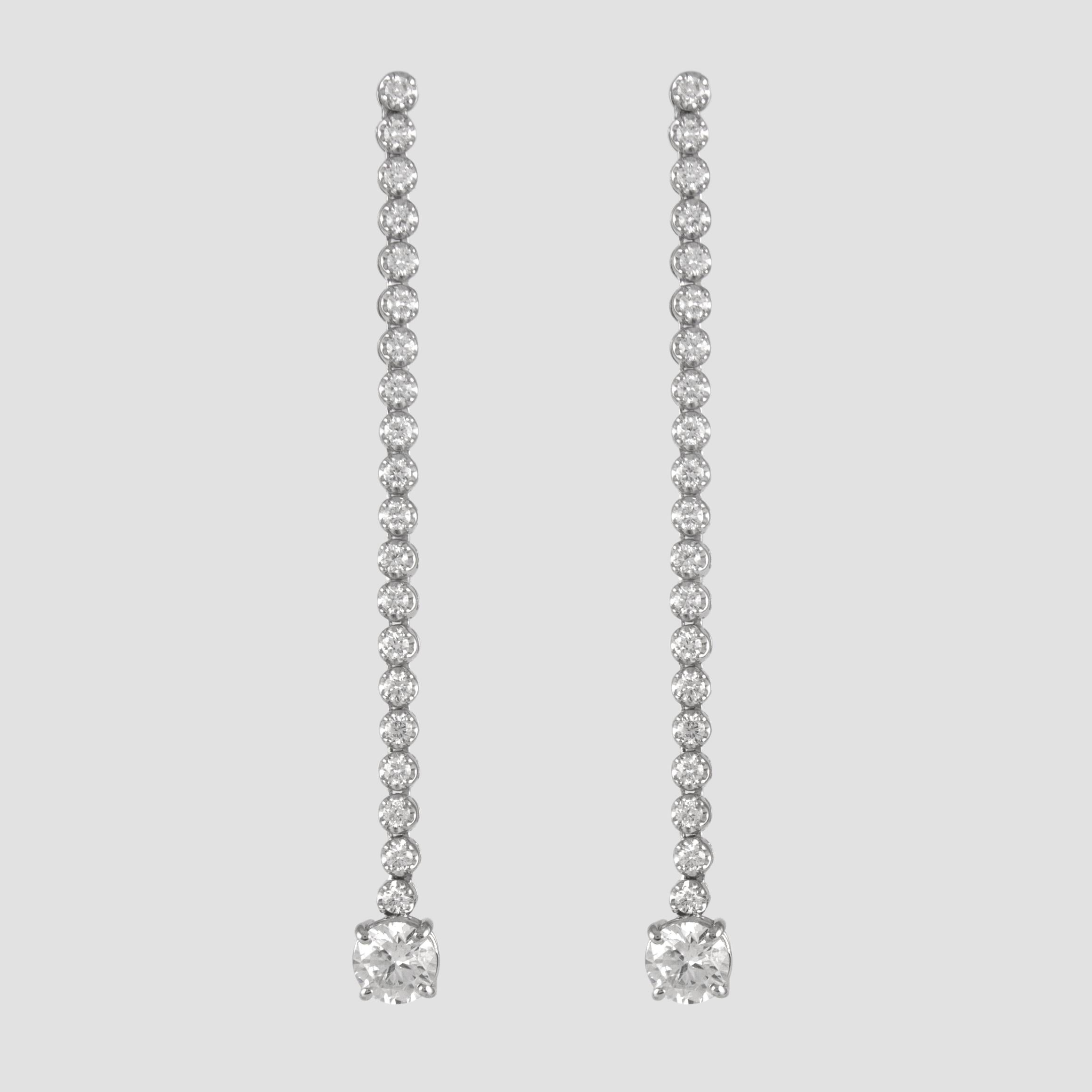Round Cut EGL Certified 3.70ct Total Diamond Drop Earrings 18k White Gold For Sale