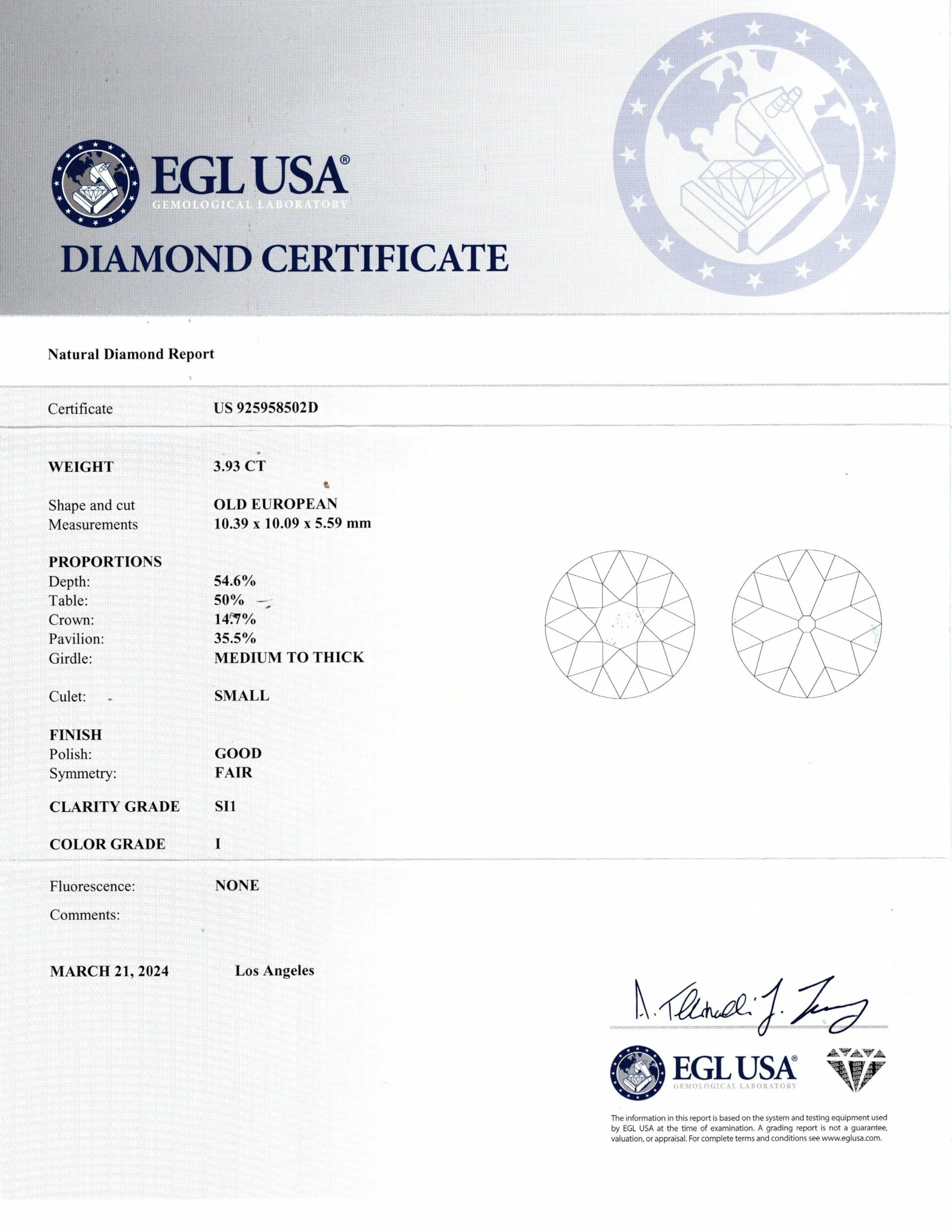 Old European Cut EGL Certified 3.93 Carat Old European Diamond Ring For Sale