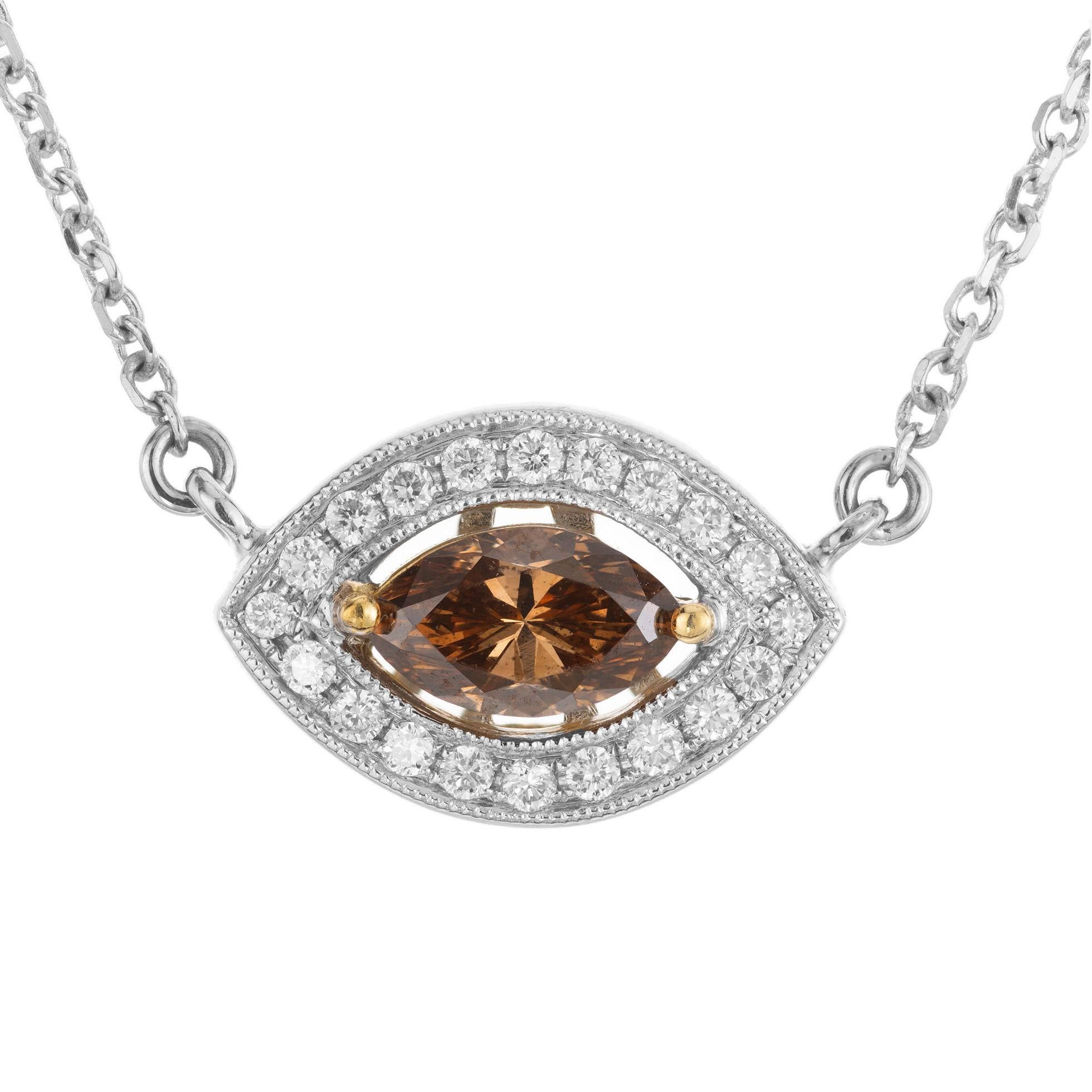 Evil eye style brown diamond pendant necklace. EGl certified as fancy dark orangy brown marquise cut center diamond, mounted in a 14k white gold setting with a halo of 20 round brilliant cut diamonds. The EGL has certified natural, Fancy Dark