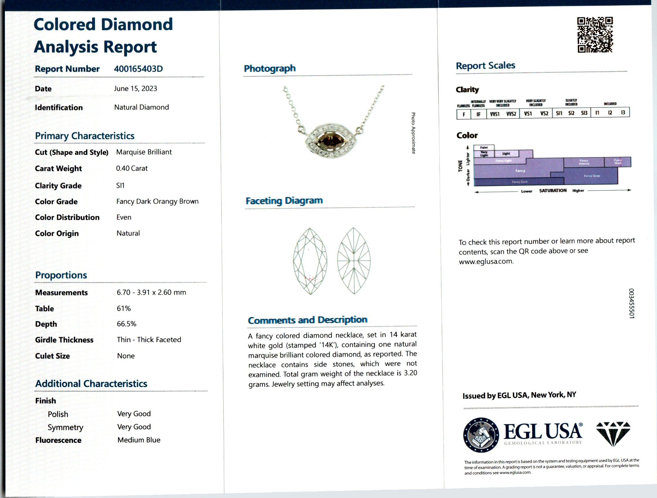 EGL Certified .40 Carat Brown Diamond White Gold Evil Eye Pendant Necklace  In Good Condition For Sale In Stamford, CT