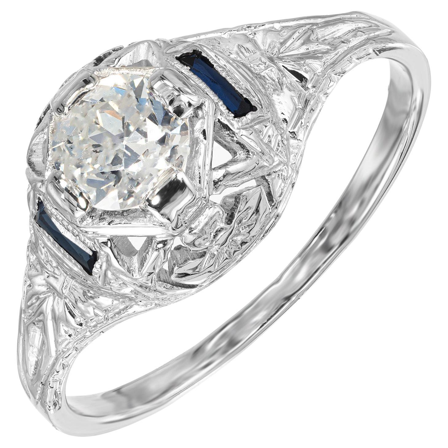 Anello di fidanzamento in oro filigranato con zaffiro e diamante del 1930