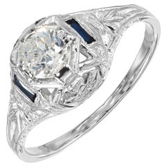Antique EGL Certified .40 Carat Diamond Sapphire Filigree White Gold Engagement Ring