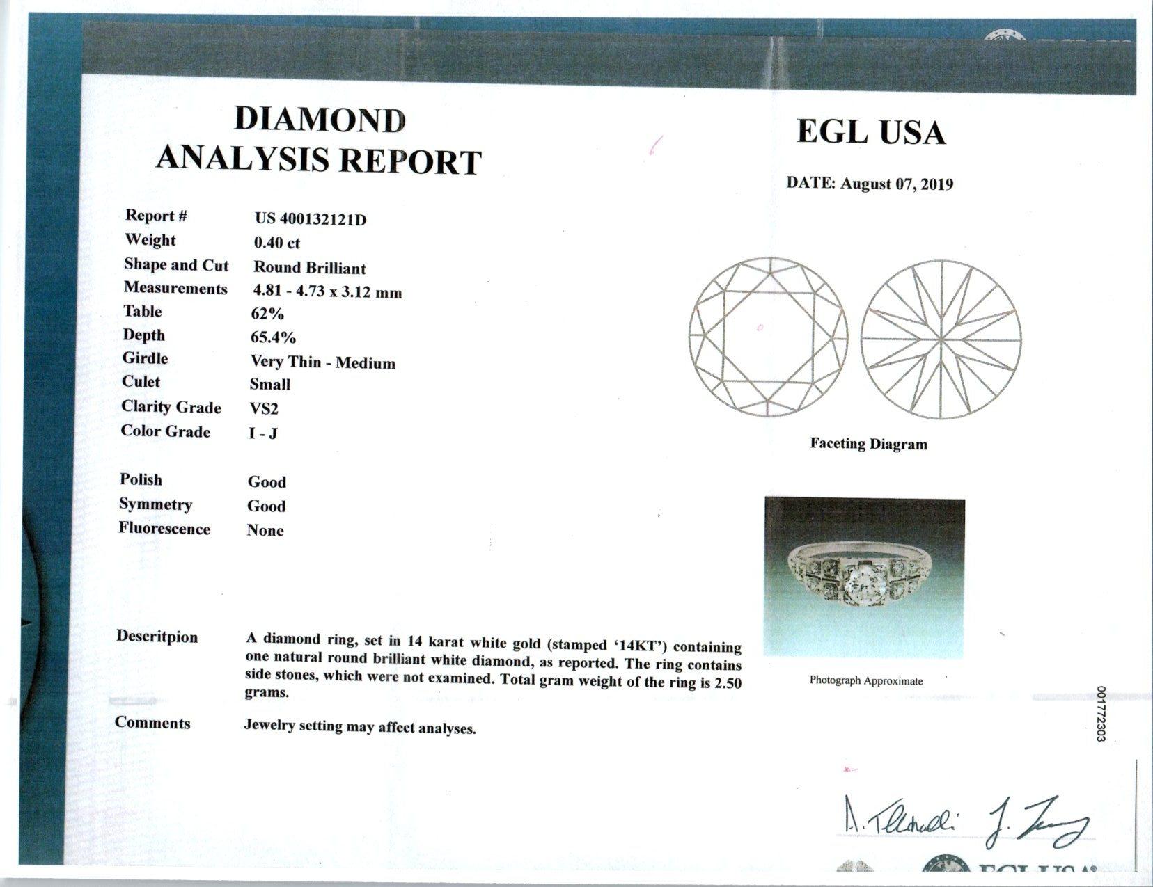 EGL Certified .40 Carat Diamond White Gold Engagement Ring For Sale 1
