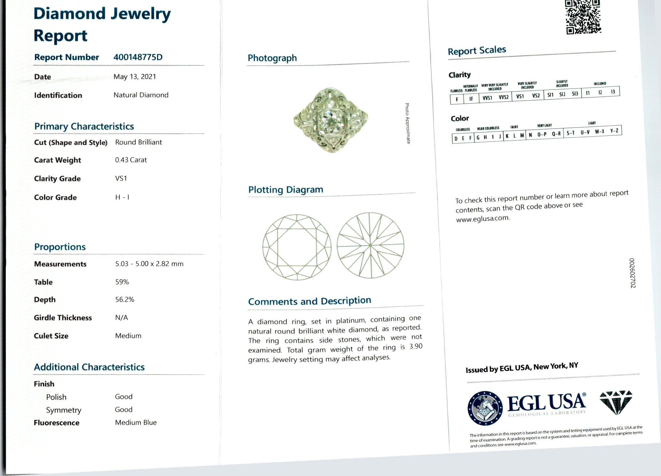 EGL zertifizierter 0,43 Karat Diamant Platin Kuppel Art Deco Verlobungsring (Alteuropäischer Schliff) im Angebot