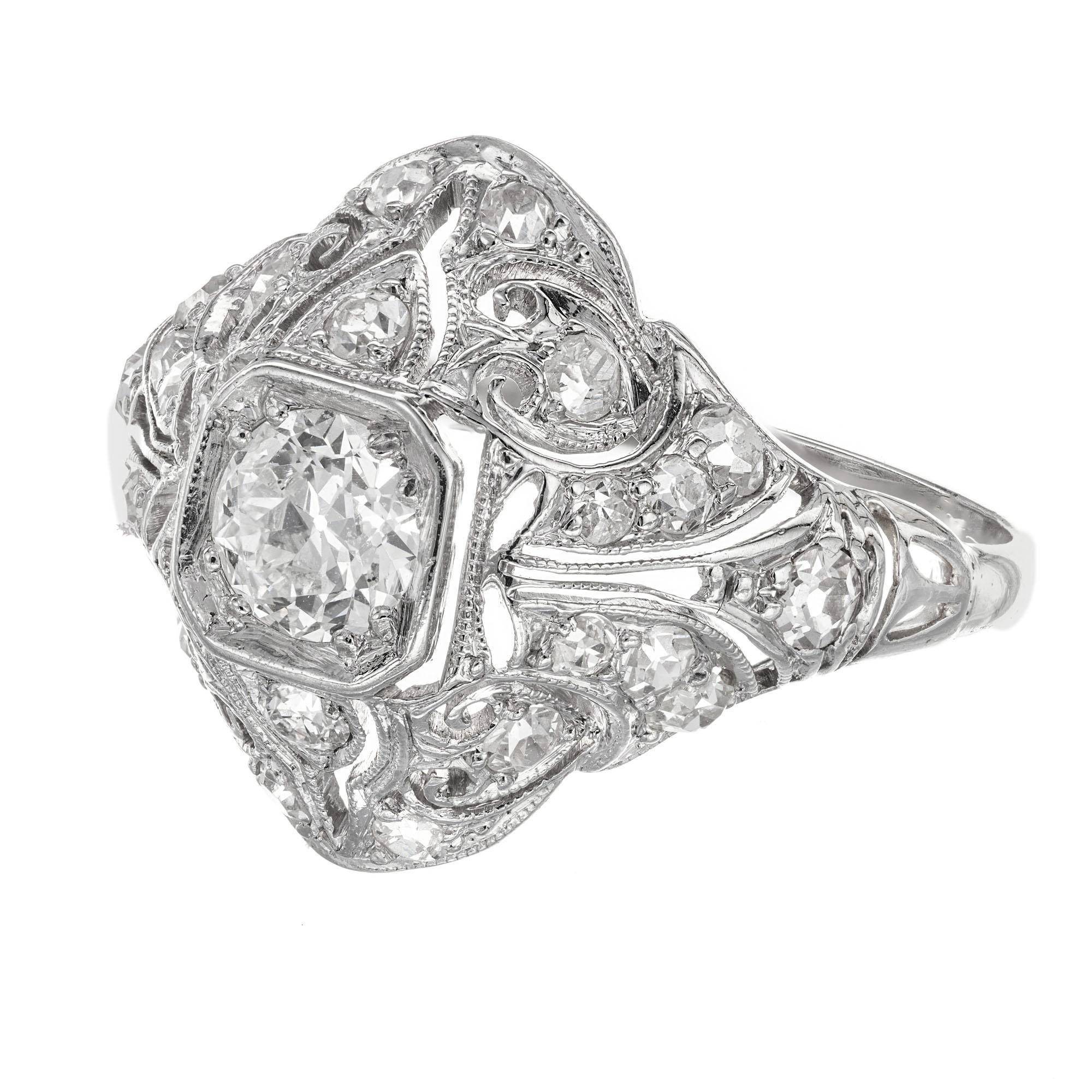 Old European Cut EGL Certified .43 Carat Diamond Platinum Dome Art Deco Engagement Ring For Sale