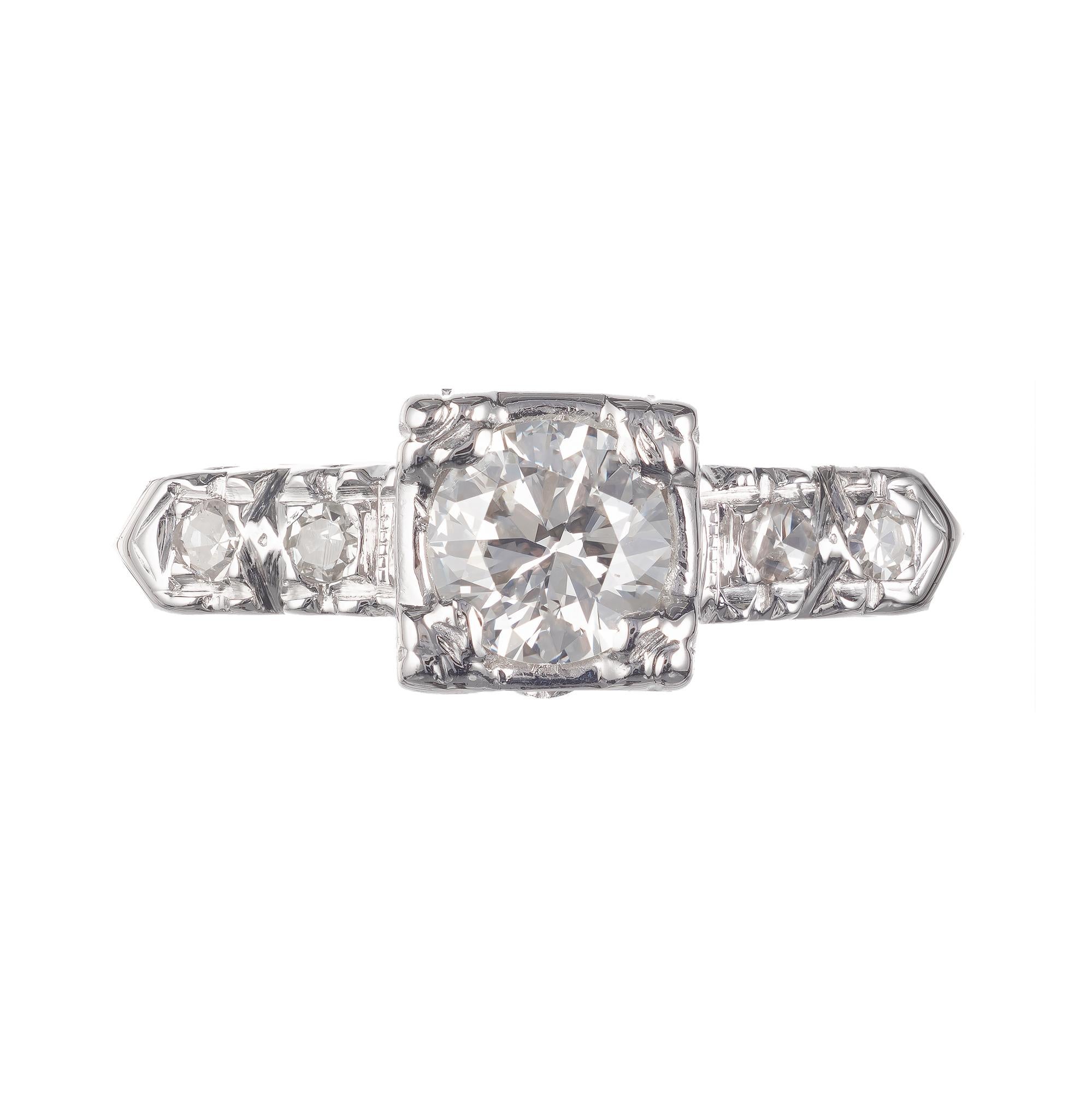 Estate .43 carat brilliant cut diamond engagement ring set with four single cut side diamonds in a white gold setting. 

1 round brilliant cut G-H VS diamond, Approximate .43ct EGL Certificate # US400125479D
4 single cut H VS diamonds, Approximate