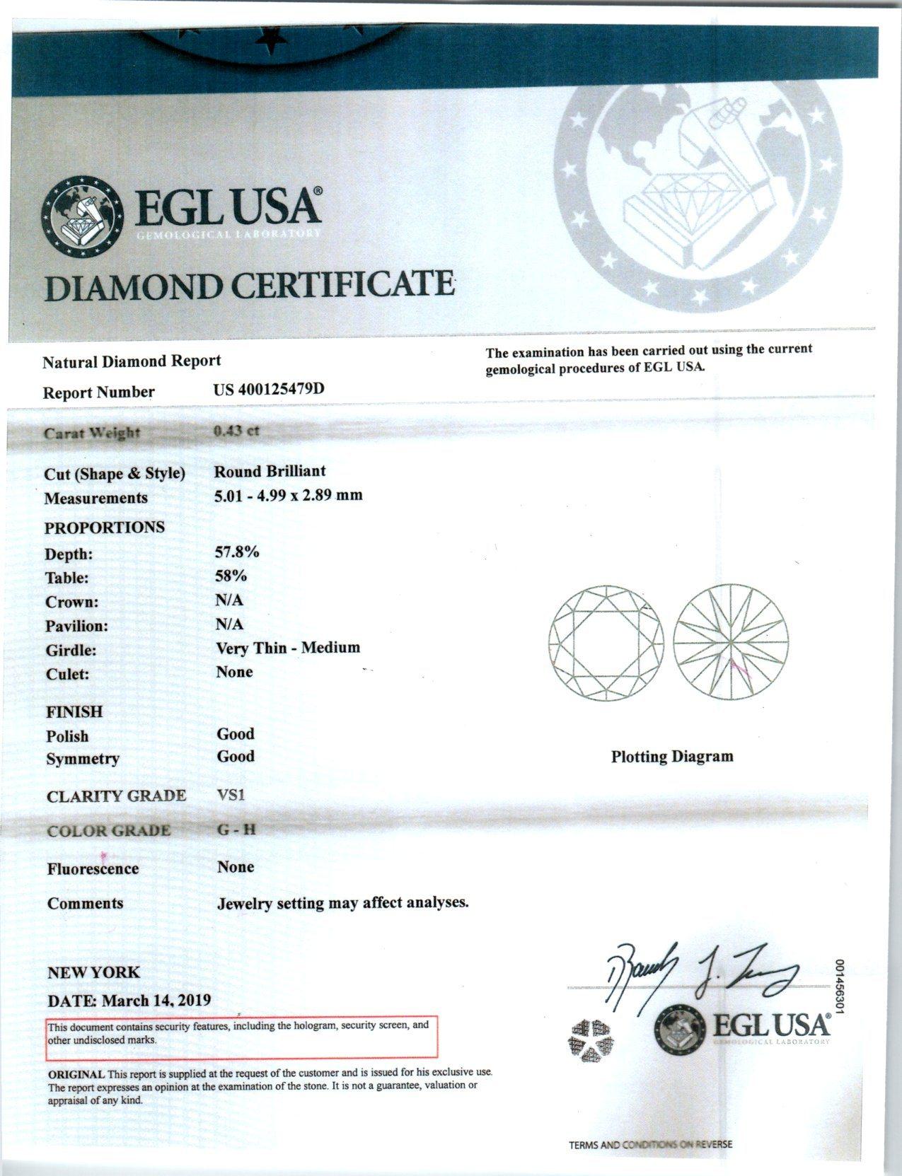 Bague de fiançailles en or blanc avec diamants de 0,43 carat certifiés EGL en vente 2