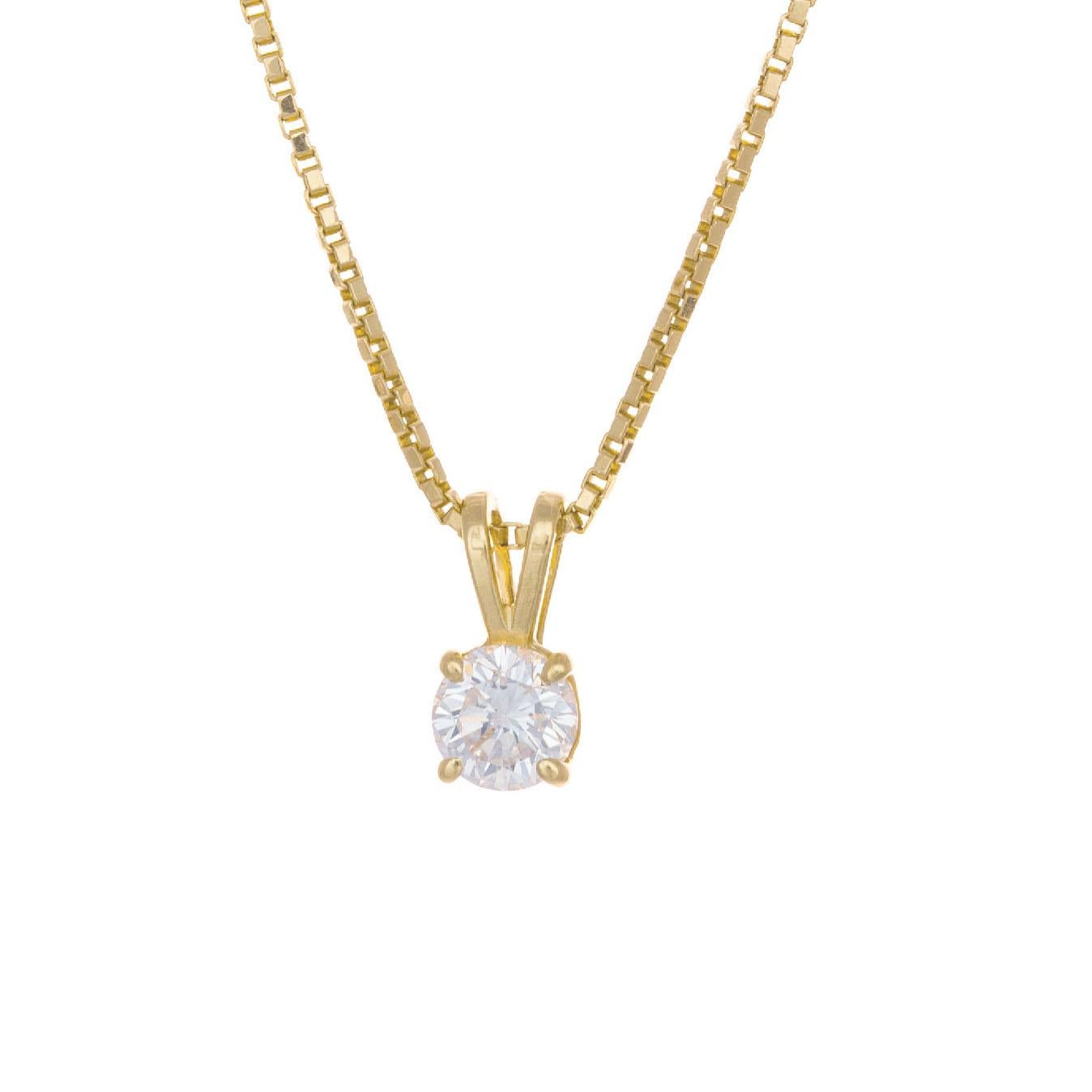 Basket set diamond pendant necklace. Four prong basket with a 14k yellow gold box style 20 inch chain. EGL certified# US 313496101D

1 round diamond approx. total weight: .45cts G-H, SI1  EGL.
Top to bottom: 10.10mm or .40 inches
Width: 9.99mm or