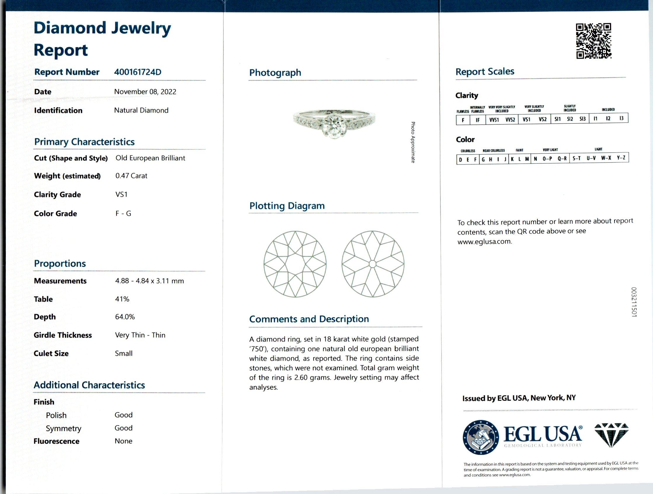 EGL-zertifizierter Verlobungsring aus Weißgold mit47 Karat Diamant im viktorianischen Stil  im Zustand „Gut“ im Angebot in Stamford, CT