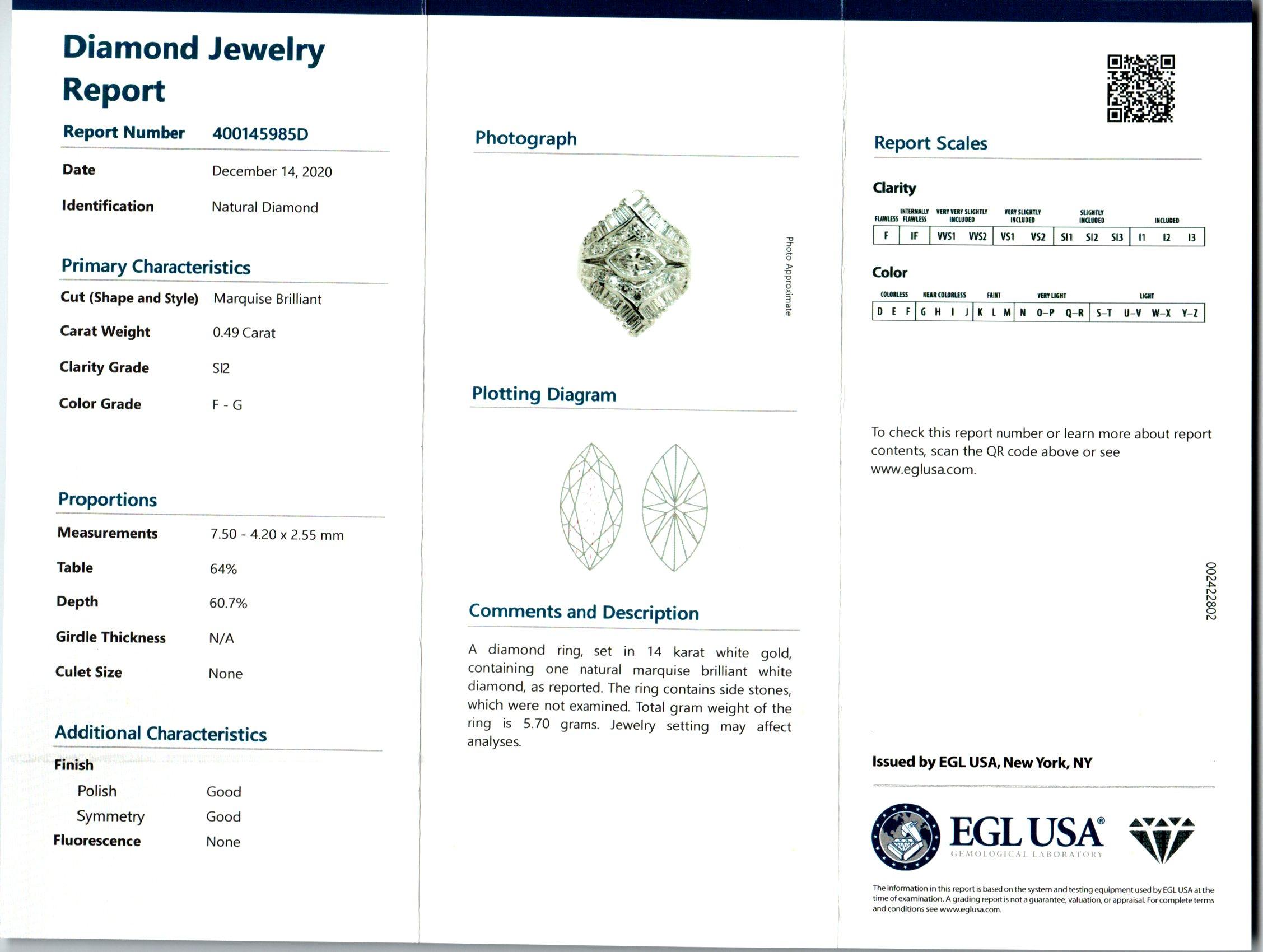 EGL Certified .49 Carat Diamond White Gold Cluster Cocktail Ring For Sale 1