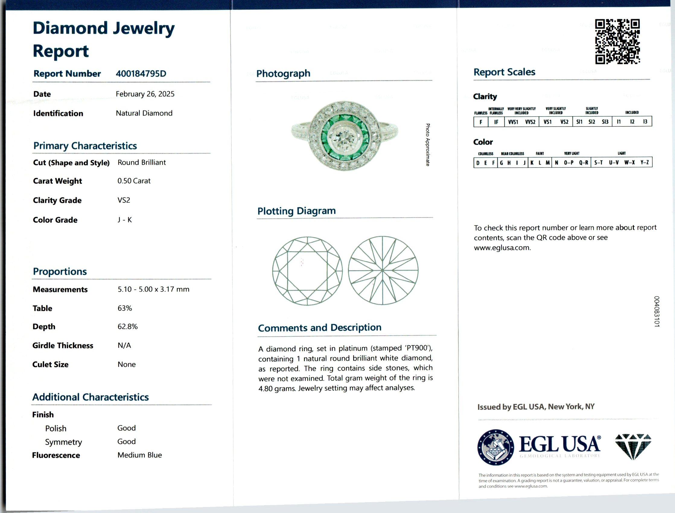 Anillo de compromiso de platino con diamante esmeralda halo redondo certificado EGL de 0,50 quilates en Excelente estado para la venta en Stamford, CT