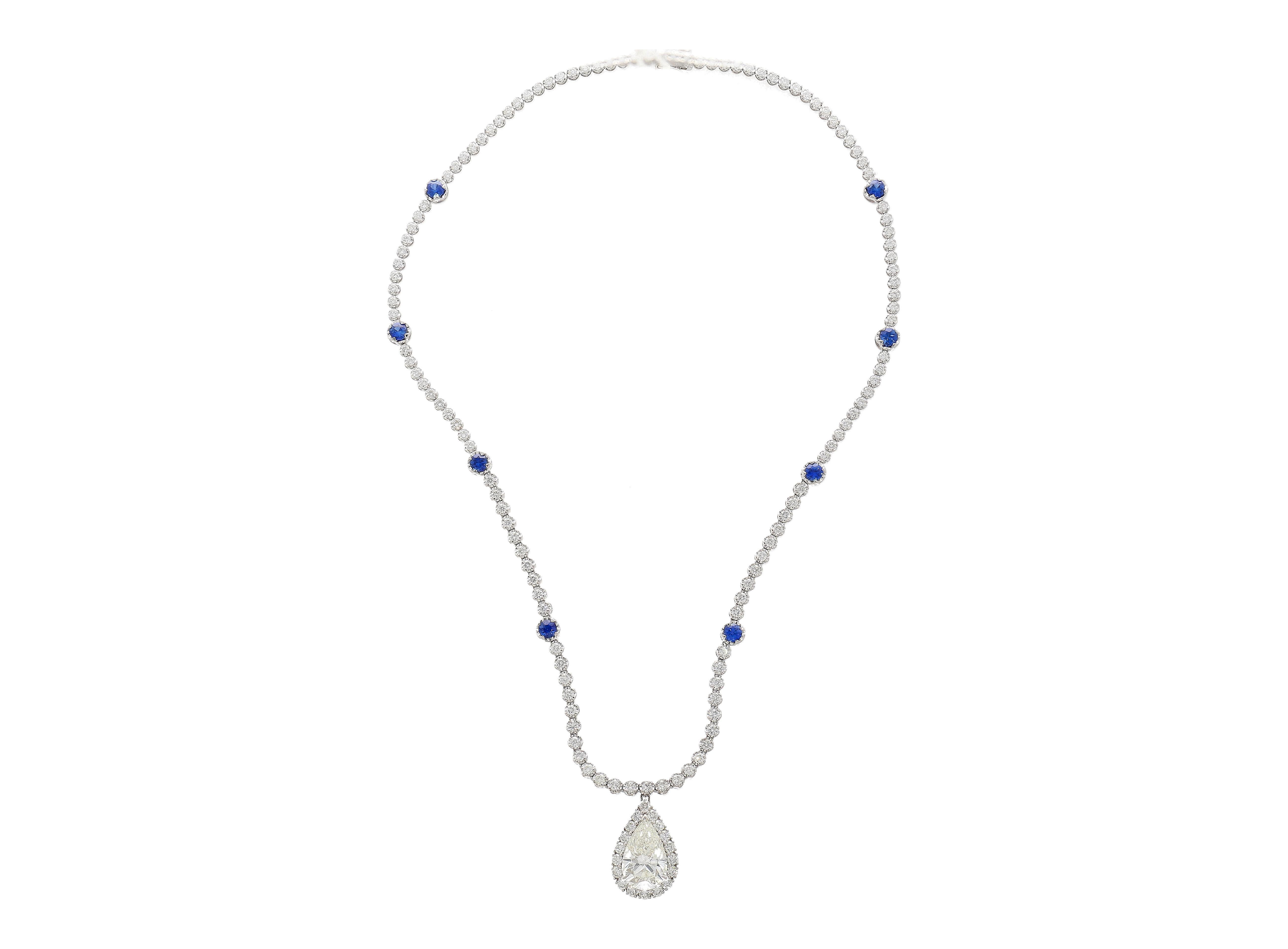 Pear Cut EGL Certified 5.02 Carat Pear Diamond Pendant and Diamond Halo & Sapphire Detail For Sale