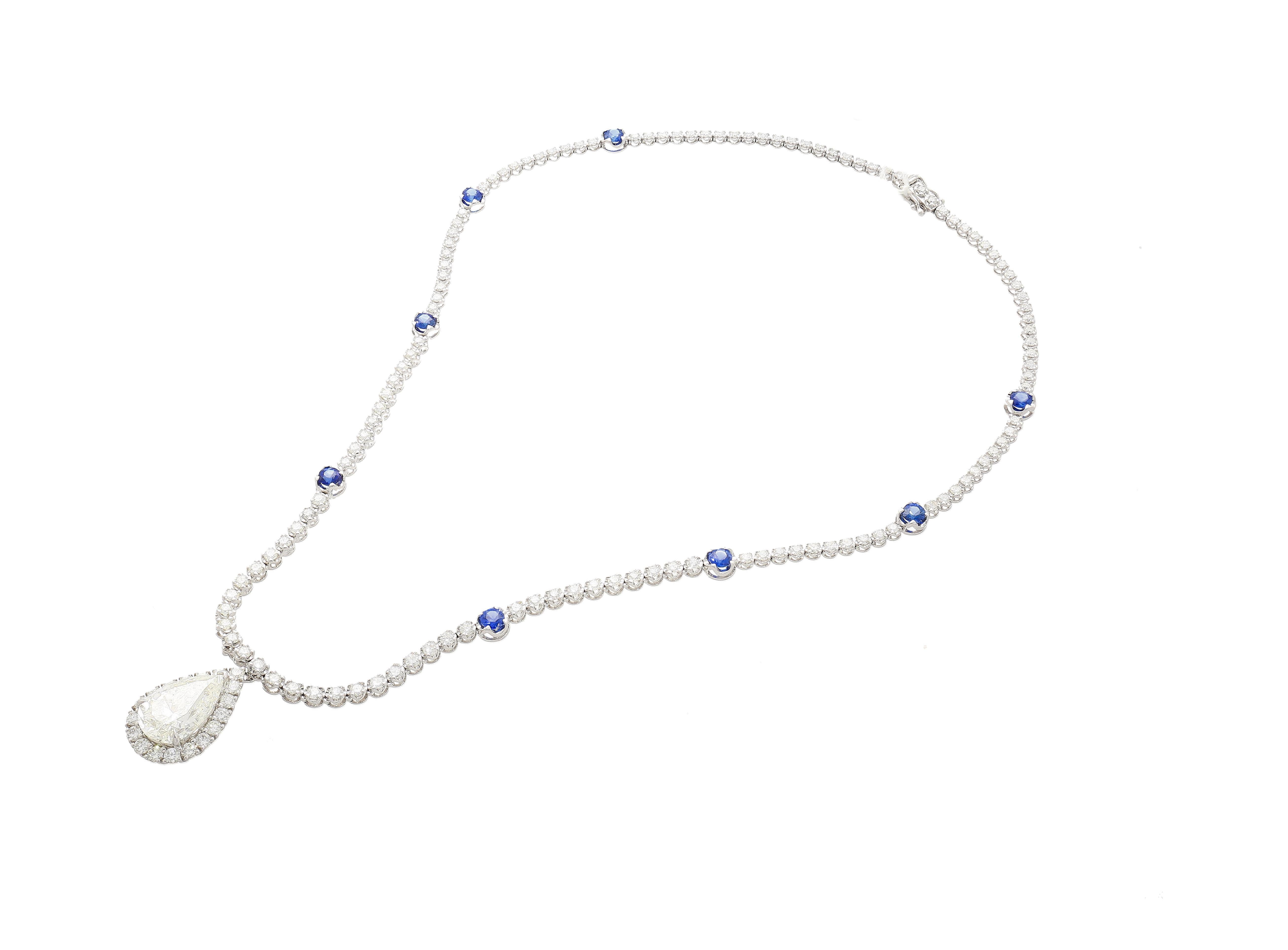 EGL Certified 5.02 Carat Pear Diamond Pendant and Diamond Halo & Sapphire Detail For Sale 1