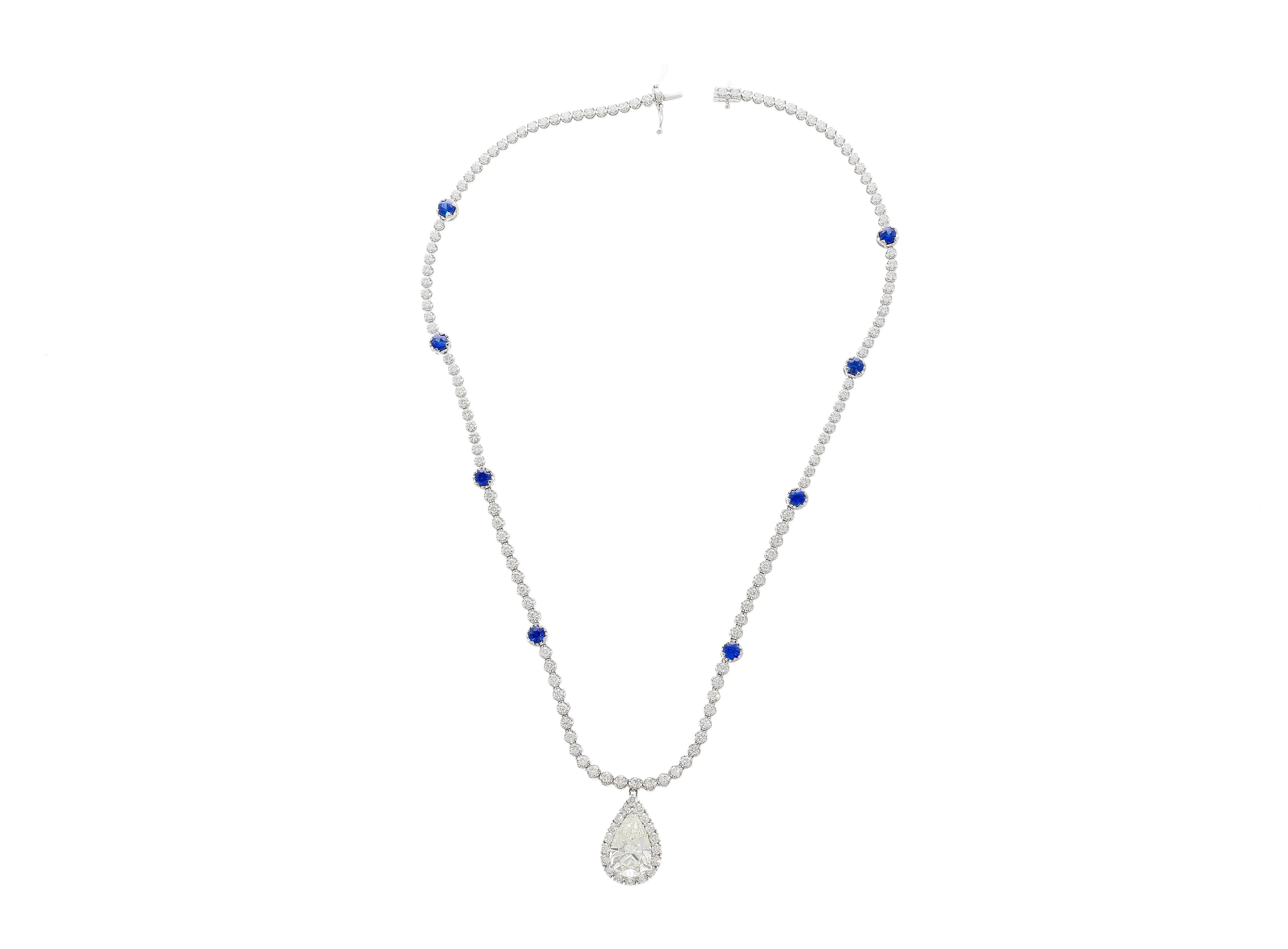 EGL Certified 5.02 Carat Pear Diamond Pendant and Diamond Halo & Sapphire Detail For Sale 2