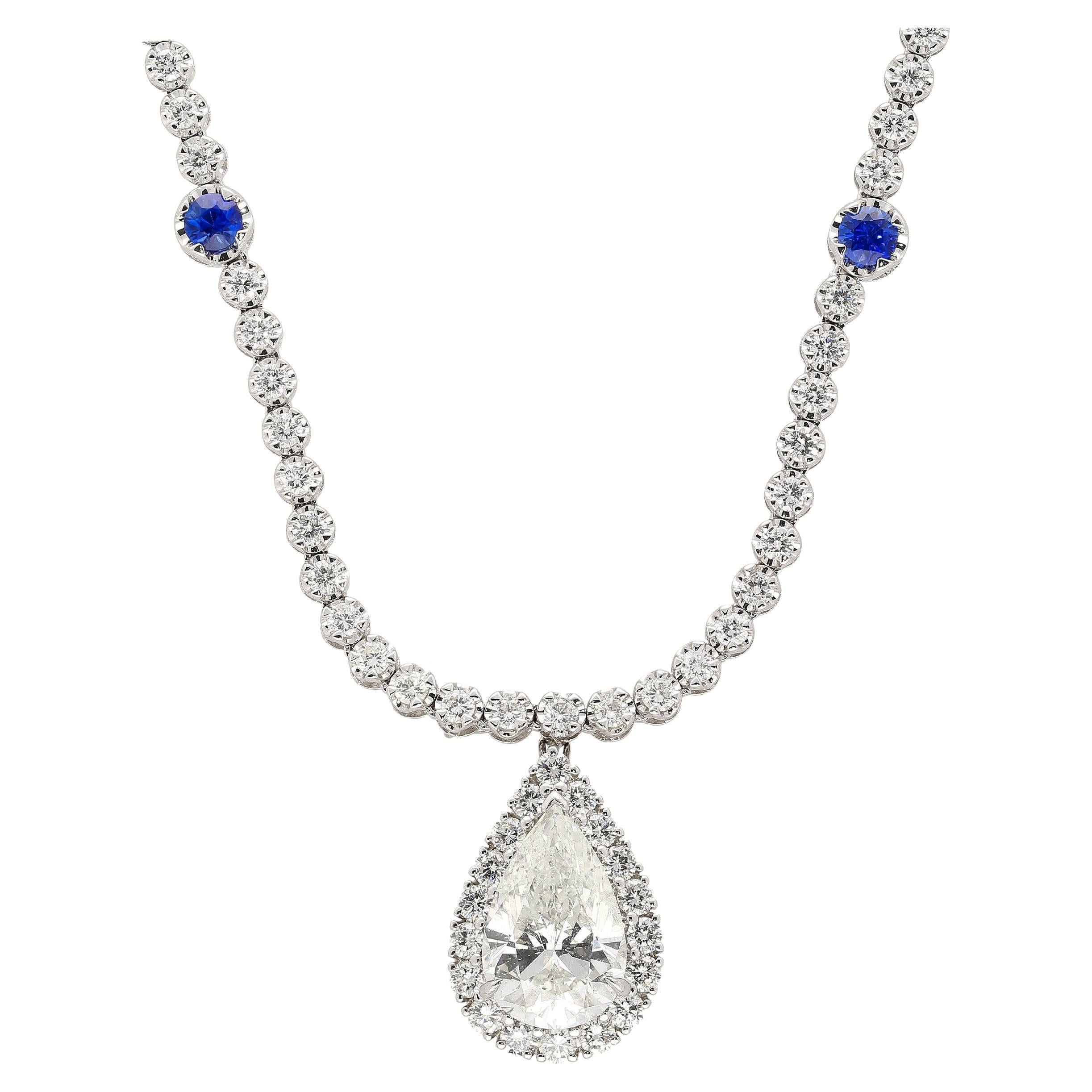 EGL Certified 5.02 Carat Pear Diamond Pendant and Diamond Halo & Sapphire Detail For Sale