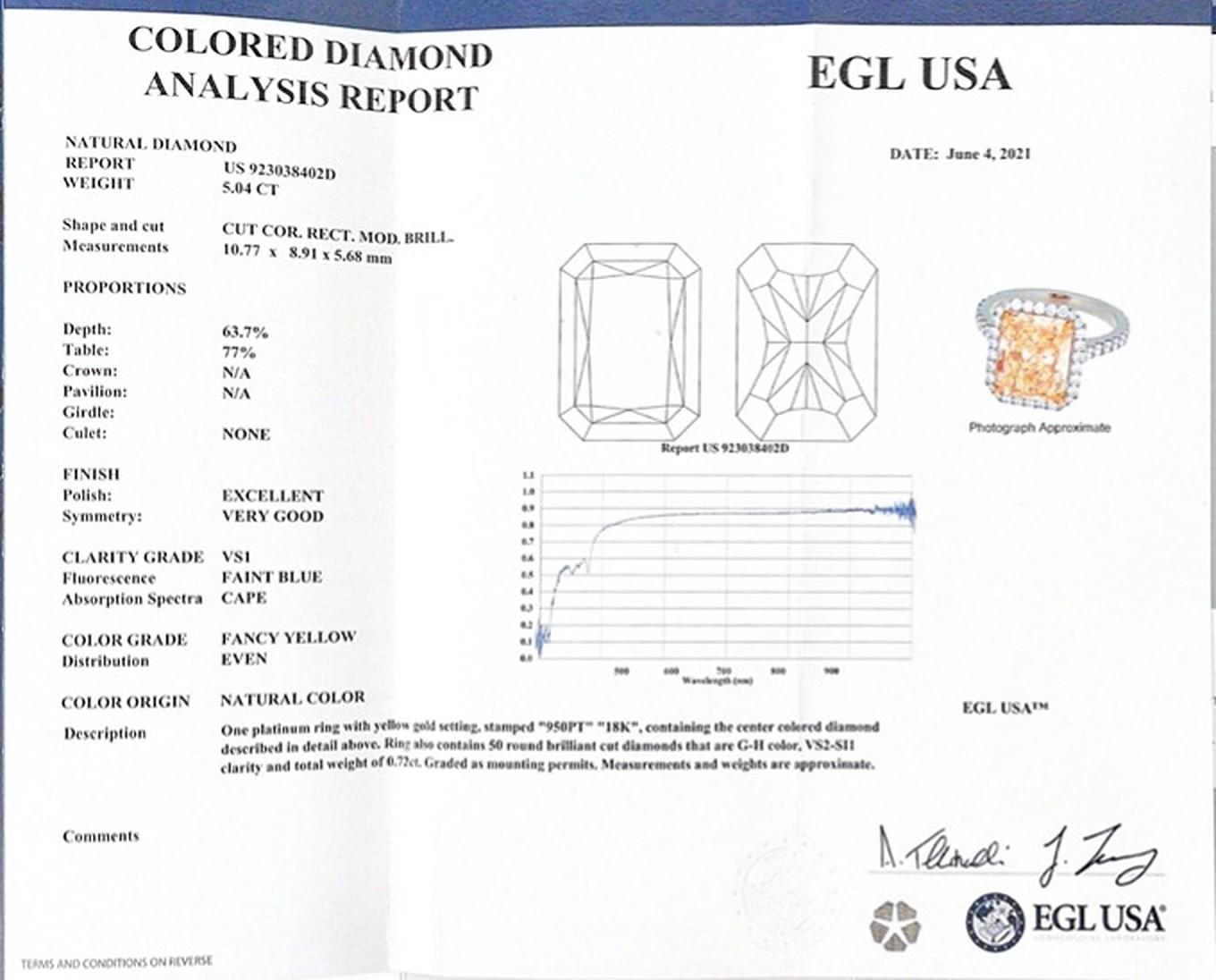 Radiant Cut EGL Certified 5.04ct Radiant Fancy Yellow Diamond Ring For Sale