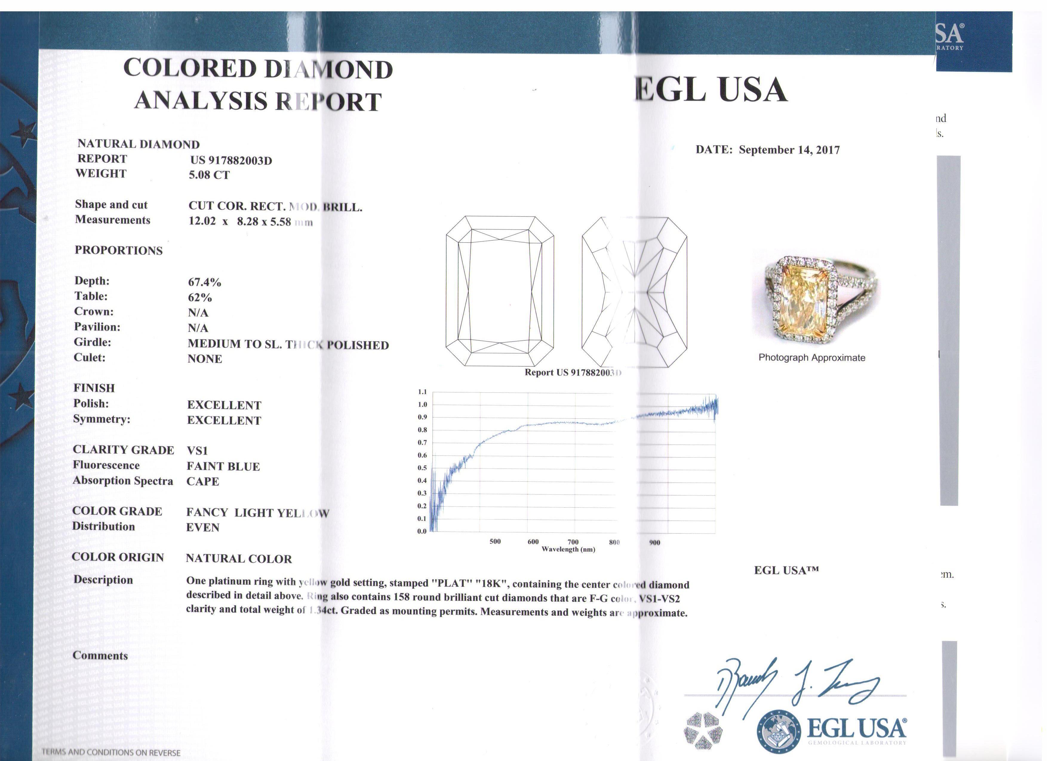 Radiant Cut EGL Certified 5.08 Carat Radiant Fancy Light Yellow Diamond Ring