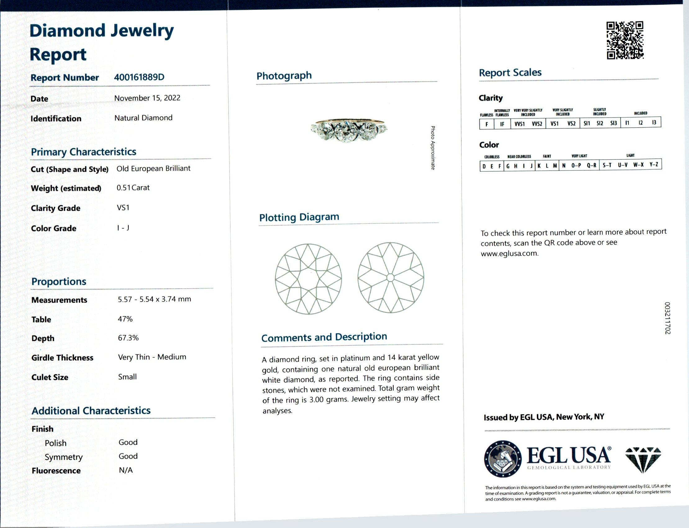 Old European Cut EGL Certified .51 Carat Diamond Two Tone Gold Three-Stone Engagement Ring For Sale